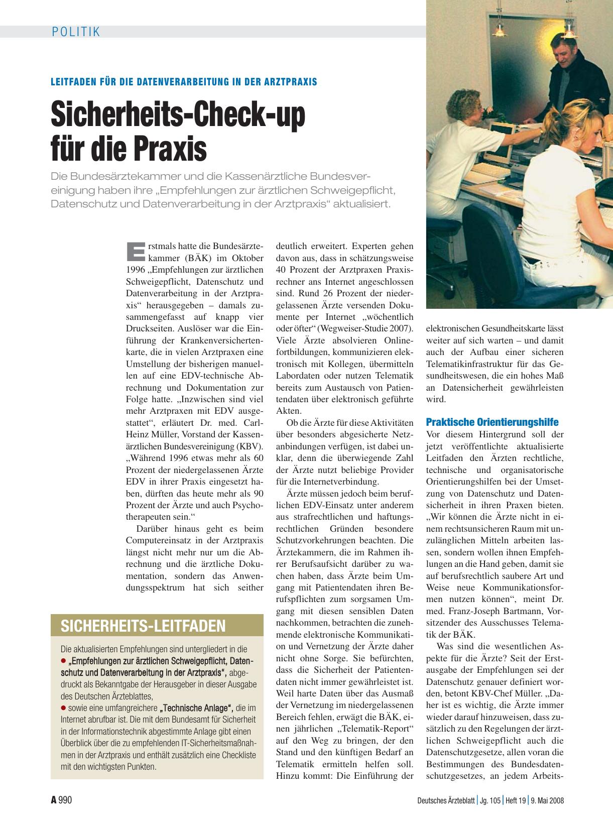 Vorschauseite 1: Leitfaden für die Datenverarbeitung in der Arztpraxis Sicherheits-Check-up für die Praxis