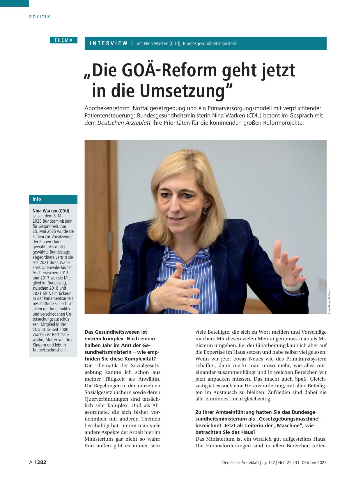 Vorschauseite 1: Interview mit Nina Warken (CDU), Bundesgesundheitsministerin: „Die GOÄ-Reform geht jetzt in die Umsetzung“