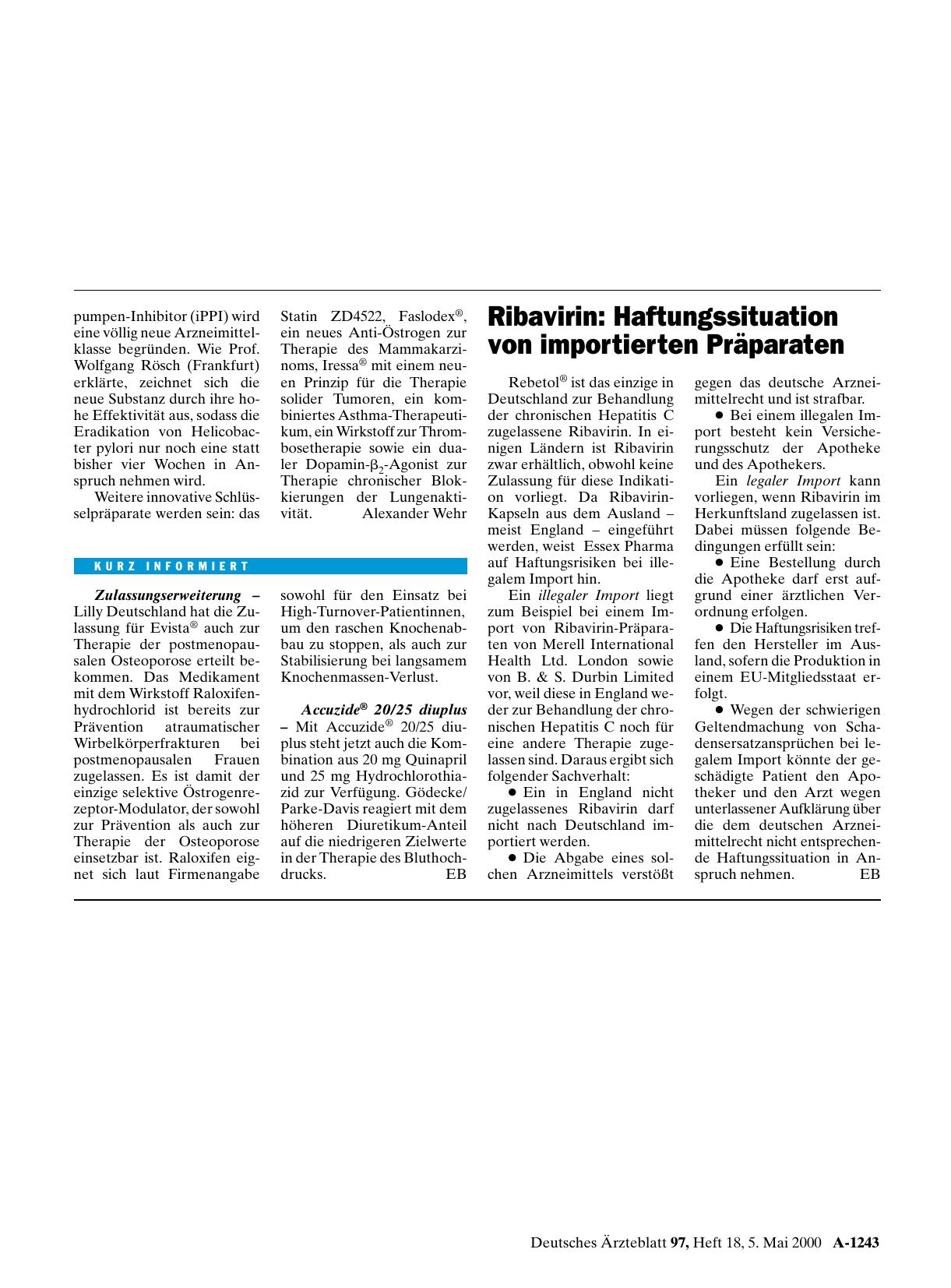Vorschauseite 1: Ribavirin: Haftungssituation von importierten Präparaten