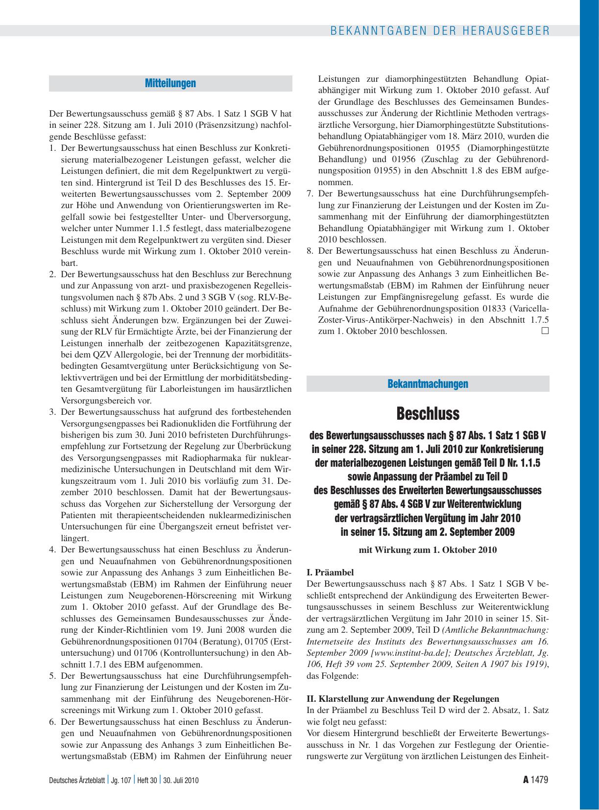Vorschauseite 1: Beschluss des Bewertungsausschusses nach § 87 Abs. 1 Satz 1 SGB V in seiner 228. Sitzung am 1. Juli 2010 zur Konkretisierung der materialbezogenen Leistungen gemäß Teil D Nr. 1. 1…