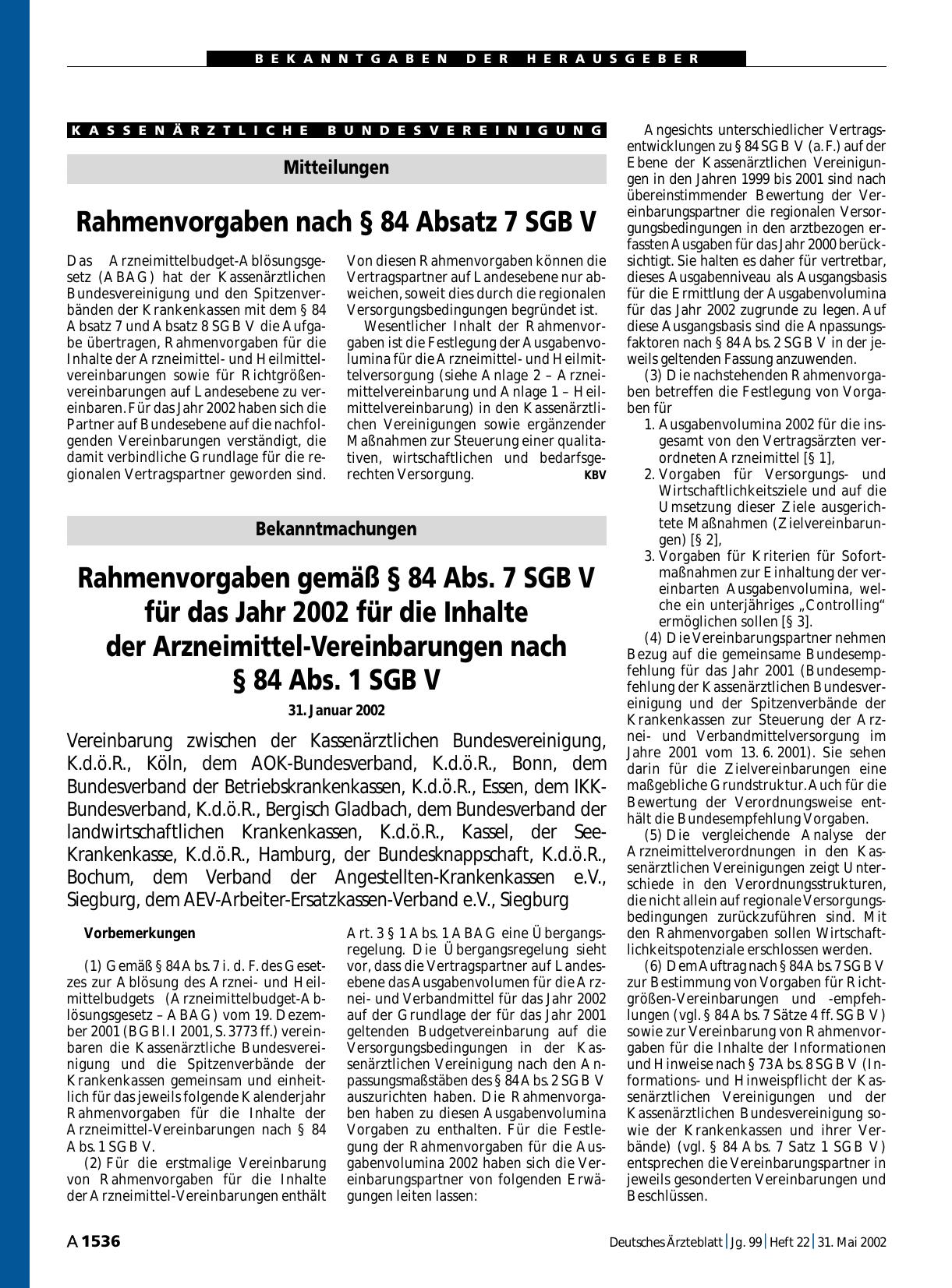 Vorschauseite 1: Rahmenvorgaben gemäß § 84 Abs. 7 SGB V für das Jahr 2002 für die Inhalte der Arzneimittel-Vereinbarungen nach § 84 Abs. 1 SGB V