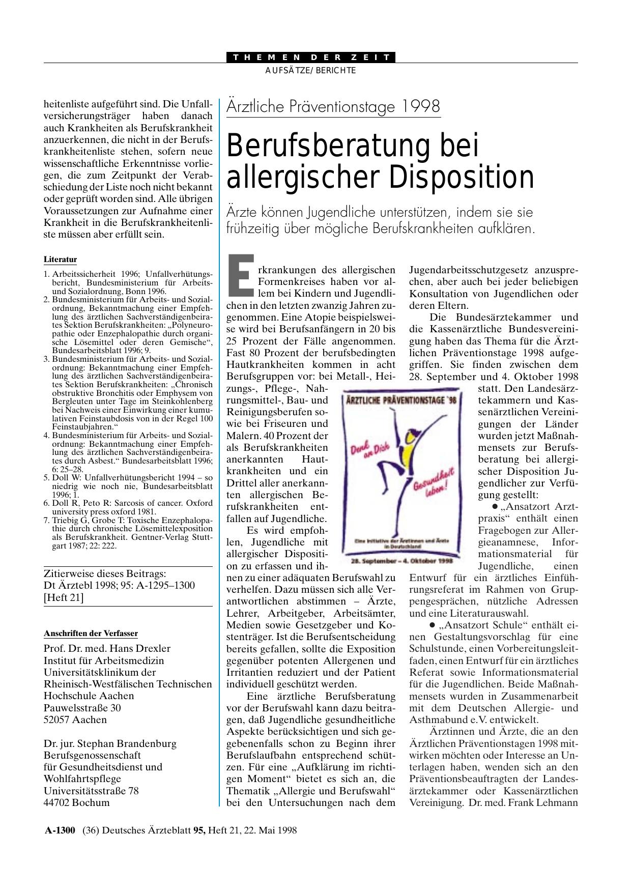Vorschauseite 1: Ärztliche Präventionstage 1998: Berufsberatung bei allergischer Disposition