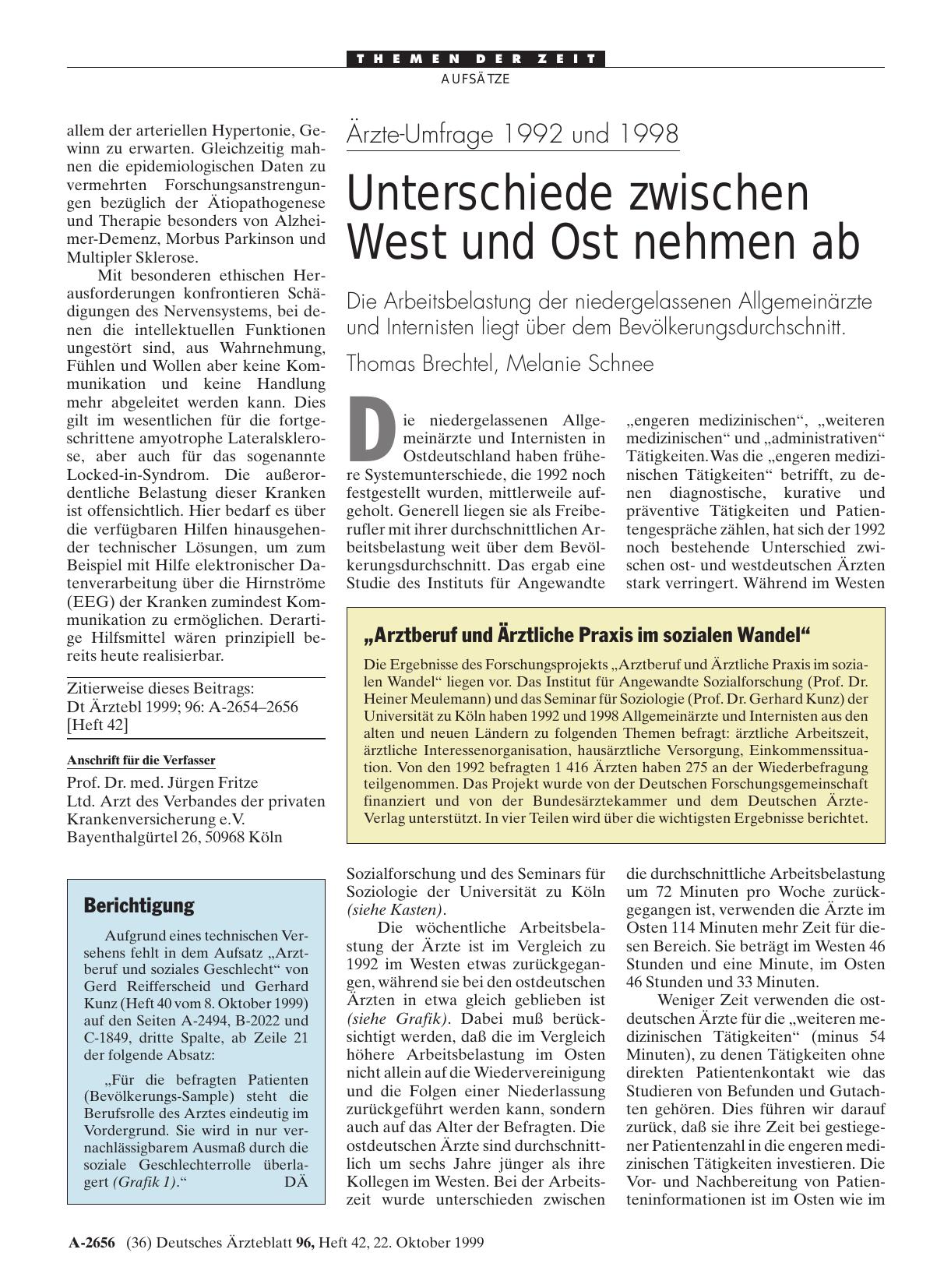 Vorschauseite 1: Ärzte-Umfrage 1992 und 1998: Unterschiede zwischen West und Ost nehmen ab