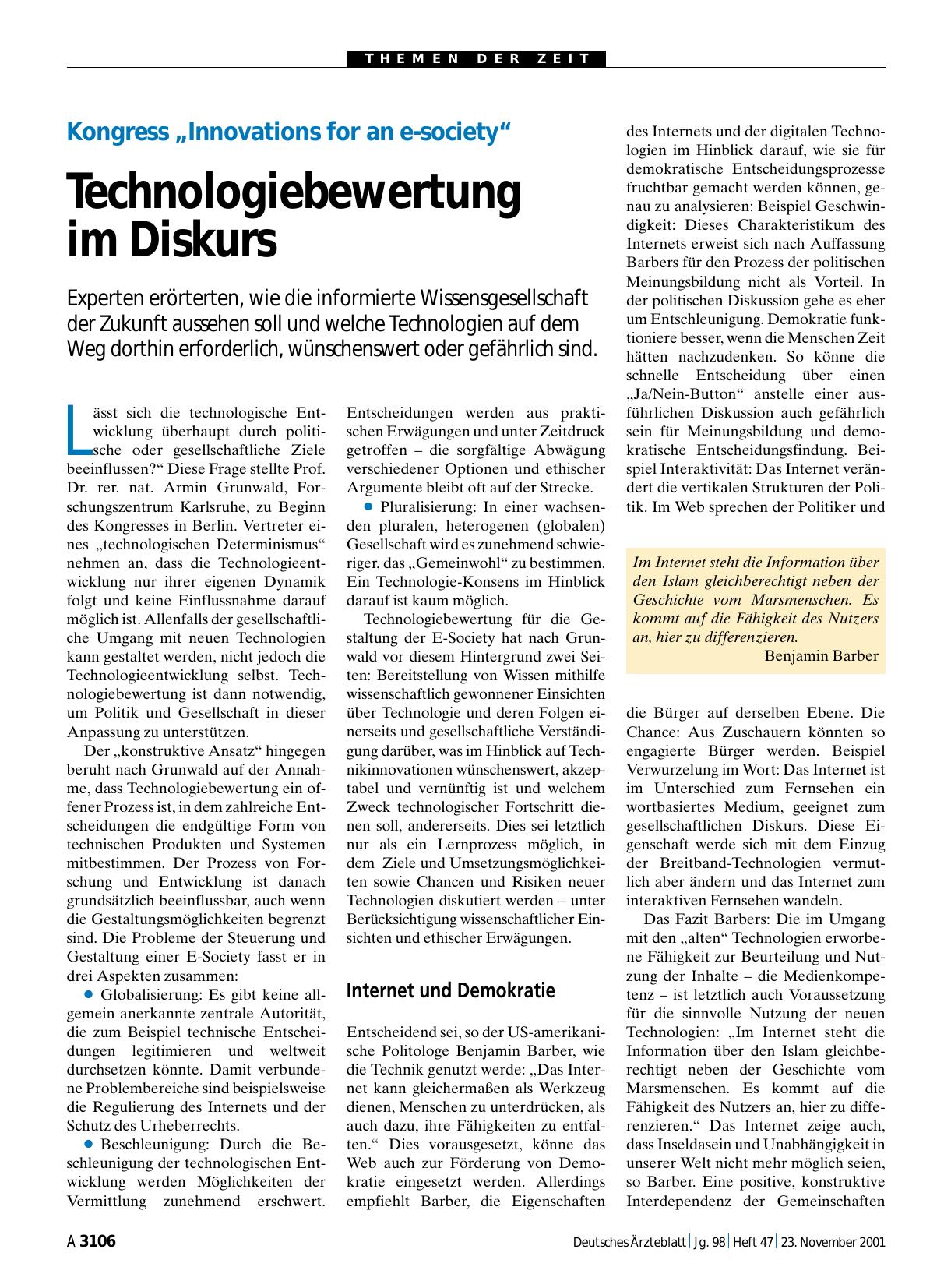 Vorschauseite 1: Kongress „Innovations for an e-society“: Technologiebewertung im Diskurs