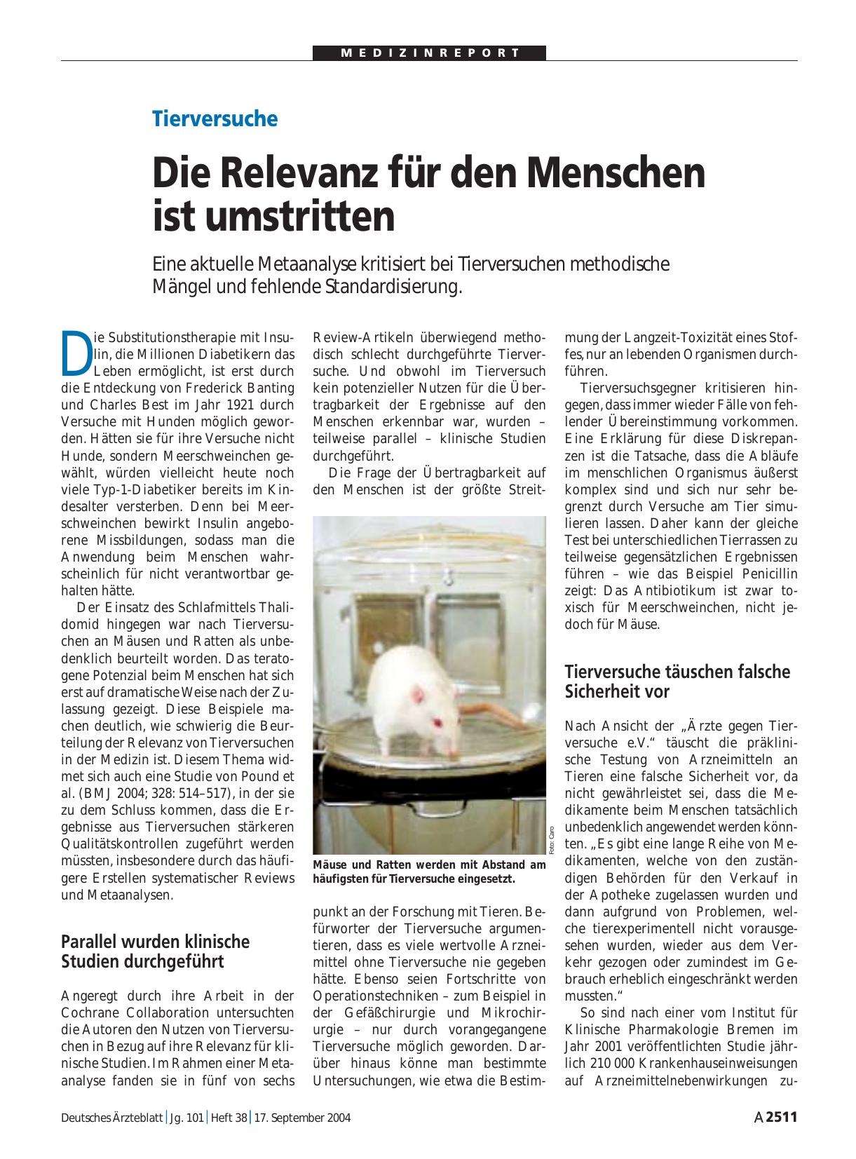 Vorschauseite 1: Tierversuche: Die Relevanz für den Menschen ist umstritten