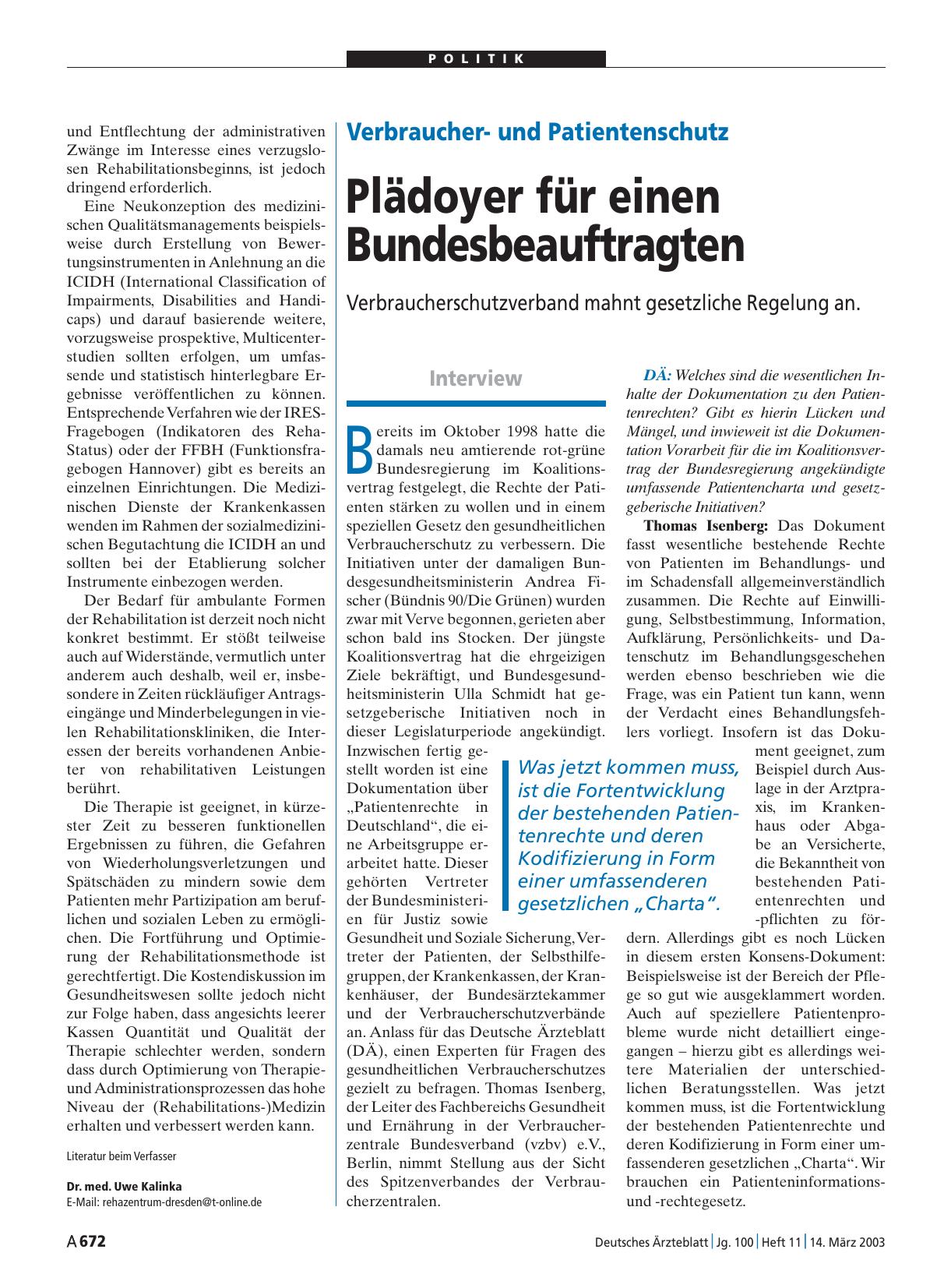 Vorschauseite 1: Verbraucherund Patientenschutz: Plädoyer für einen Bundesbeauftragten