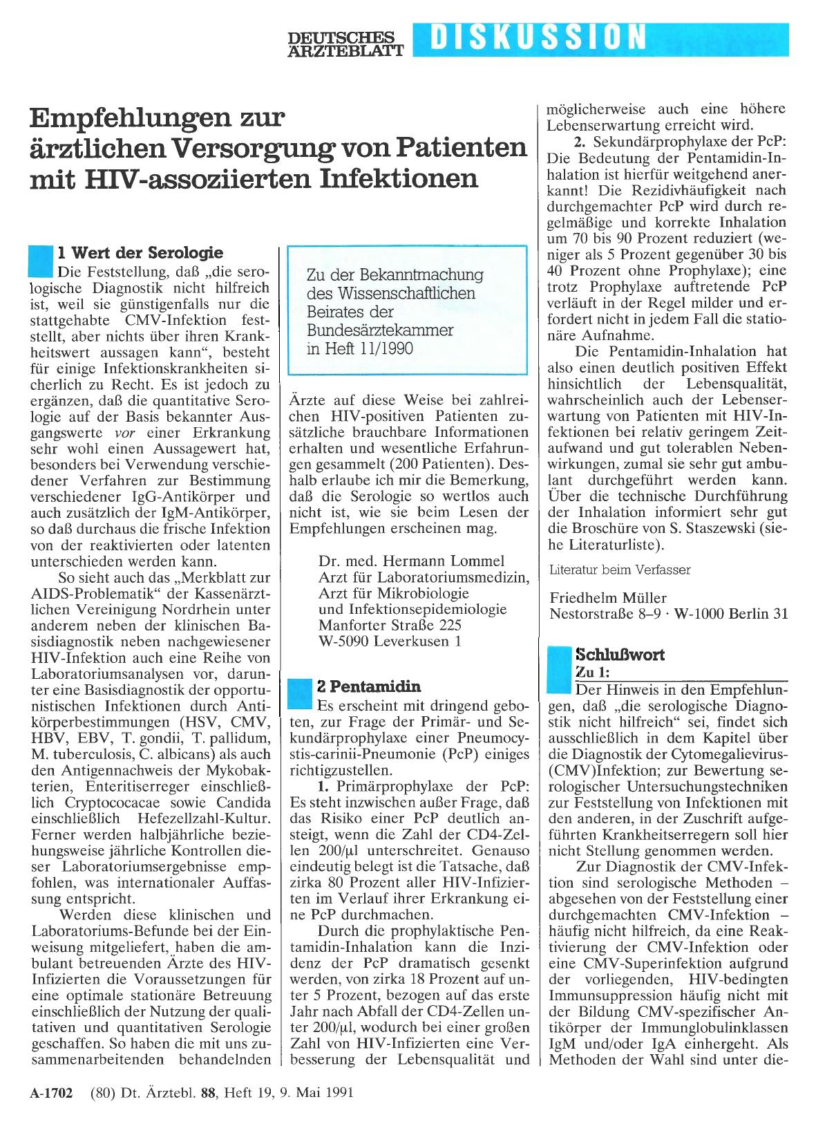 Vorschauseite 1: Empfehlungen zur ärztlichen Versorgung von Patienten mit HIV-assoziierten Infektionen: Schlußwort