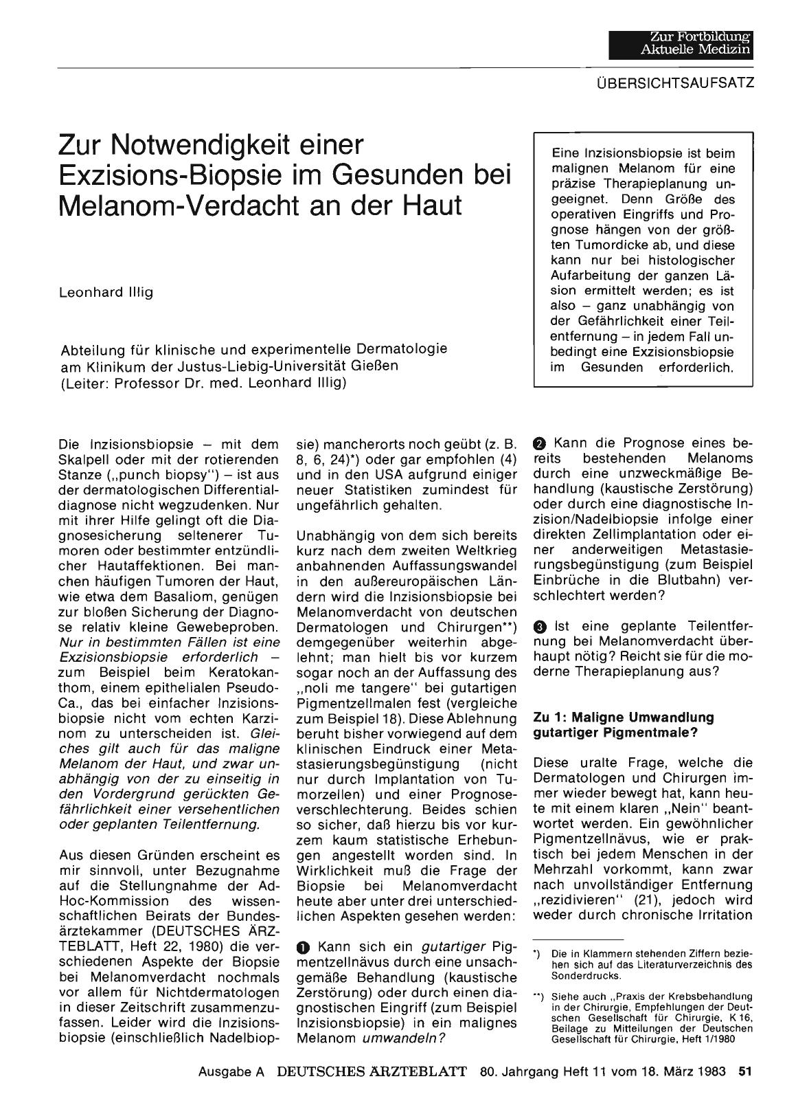 Vorschauseite 1: Zur Notwendigkeit einer Exzisions-Biopsie im Gesunden bei Melanom-Verdacht an der Haut