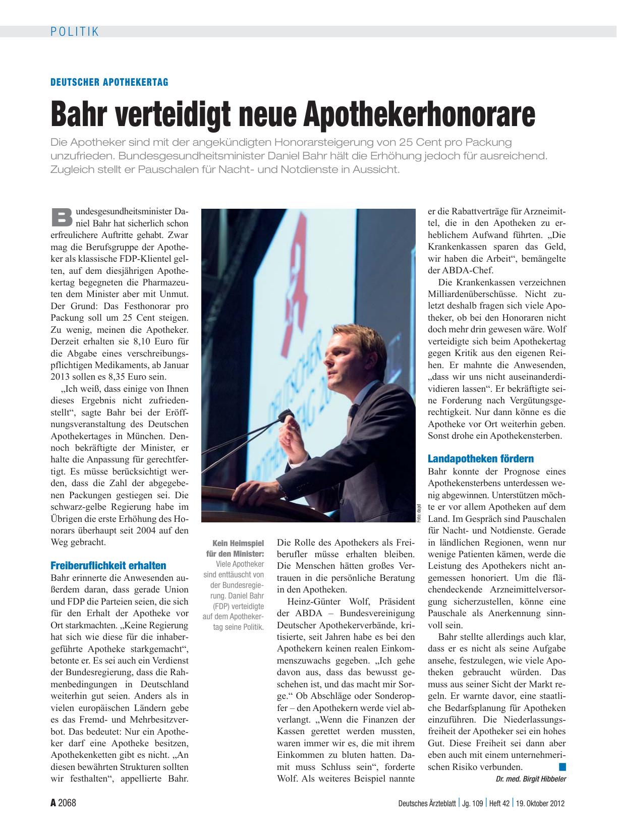 Vorschauseite 1: Deutscher Apothekertag: Bahr verteidigt neue Apothekerhonorare