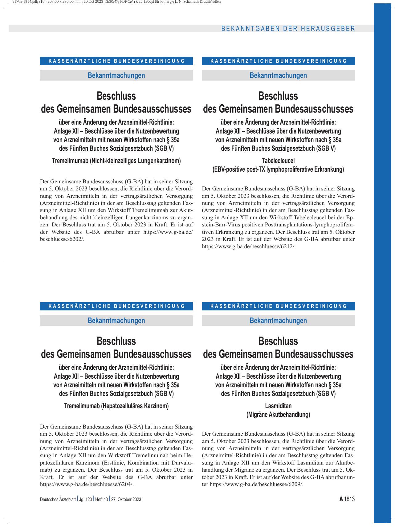 Vorschauseite 1: Beschluss des Gemeinsamen Bundesausschusses über eine Änderung der Arzneimittel-Richtlinie: Tabelecleucel (EBV-positive post-TX lymphoproliferative Erkrankung)