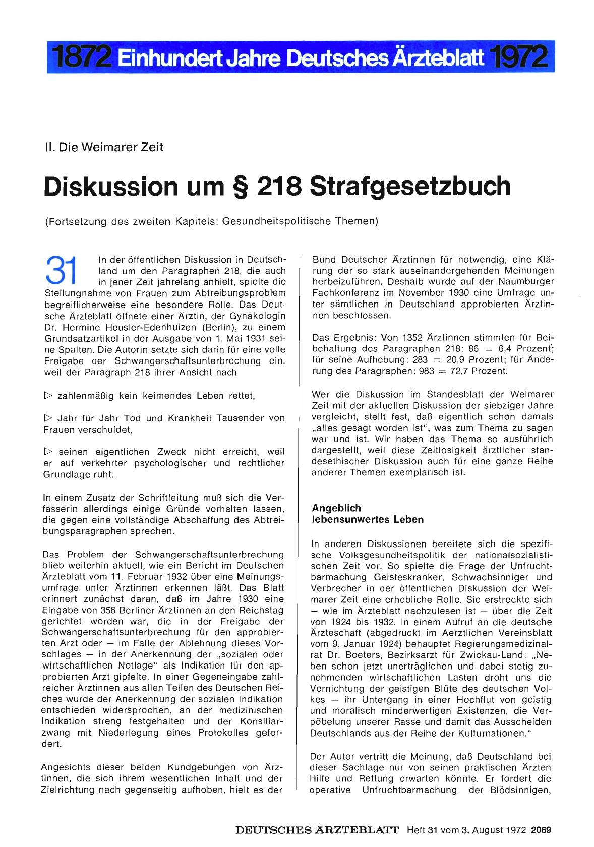 Vorschauseite 1: II. Die Weimarer Zeit: Diskussion um § 218 Strafgesetzbuch
