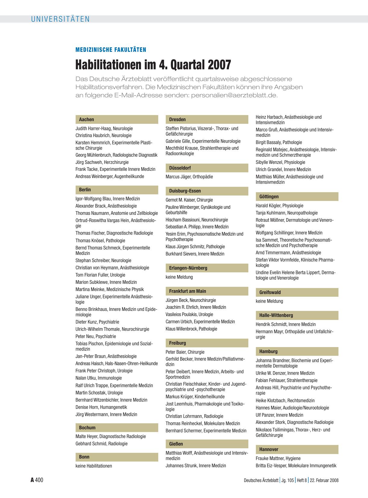 Vorschauseite 1: Medizinische Fakultäten: Habilitationen im 4. Quartal 2007