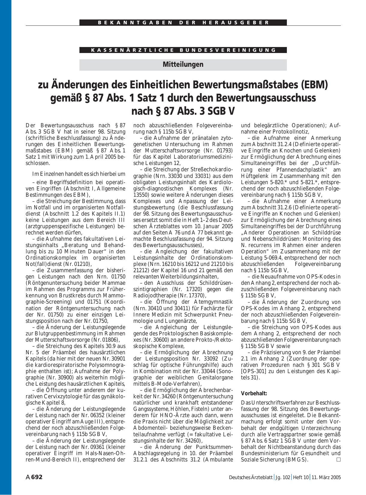 Vorschauseite 1: Mitteilungen: zu Änderungen des Einheitlichen Bewertungsmaßstabes (EBM) gemäß § 87 Abs. 1 Satz 1 durch den Bewertungsausschuss nach § 87 Abs. 3 SGB V