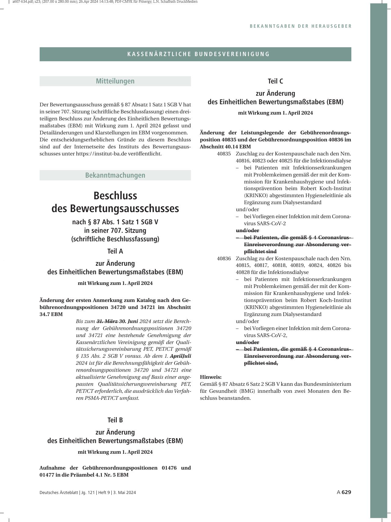 Vorschauseite 1: Beschluss des Bewertungsausschusses nach § 87 Abs. 1 Satz 1 SGB V in seiner 707. Sitzung (schriftliche Beschlussfassung)