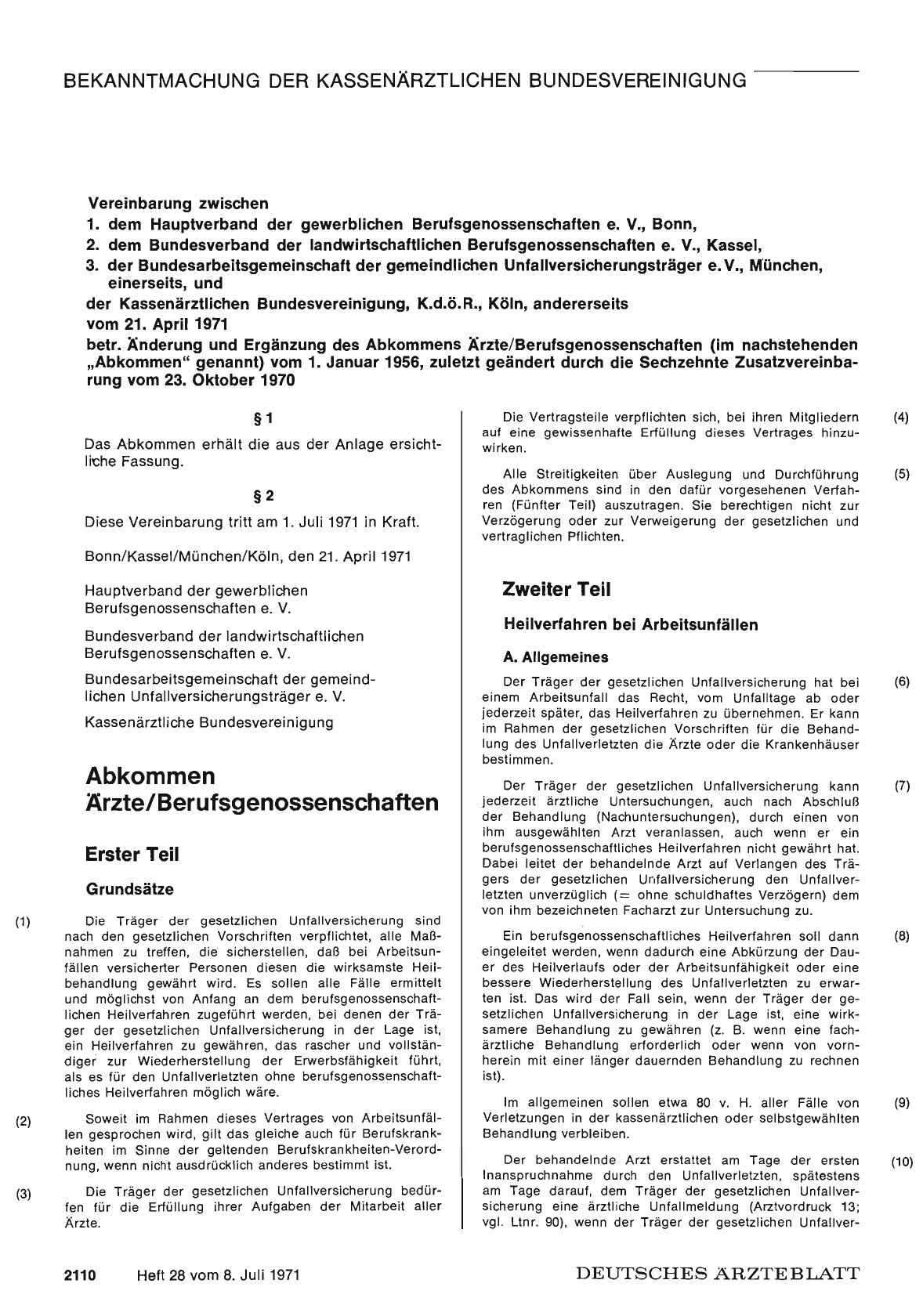 Vorschauseite 1: Kassenärztliche Bundesvereinigung: Vereinbarung über Änderung Ergänzung des Abkommens Ärzte/Berufsgenossenschaften