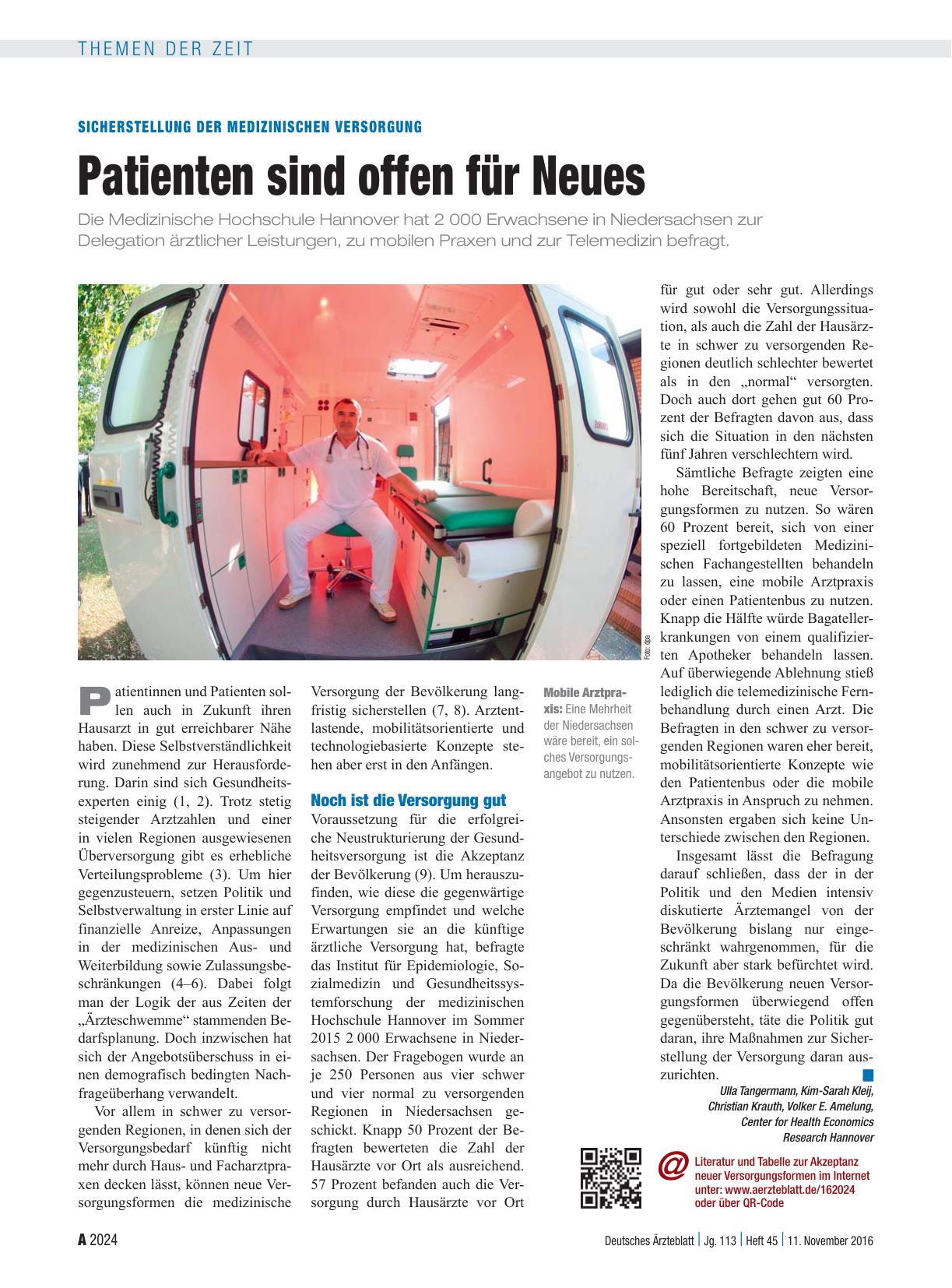 Vorschauseite 1: Sicherstellung der medizinischen Versorgung: Patienten sind offen für Neues