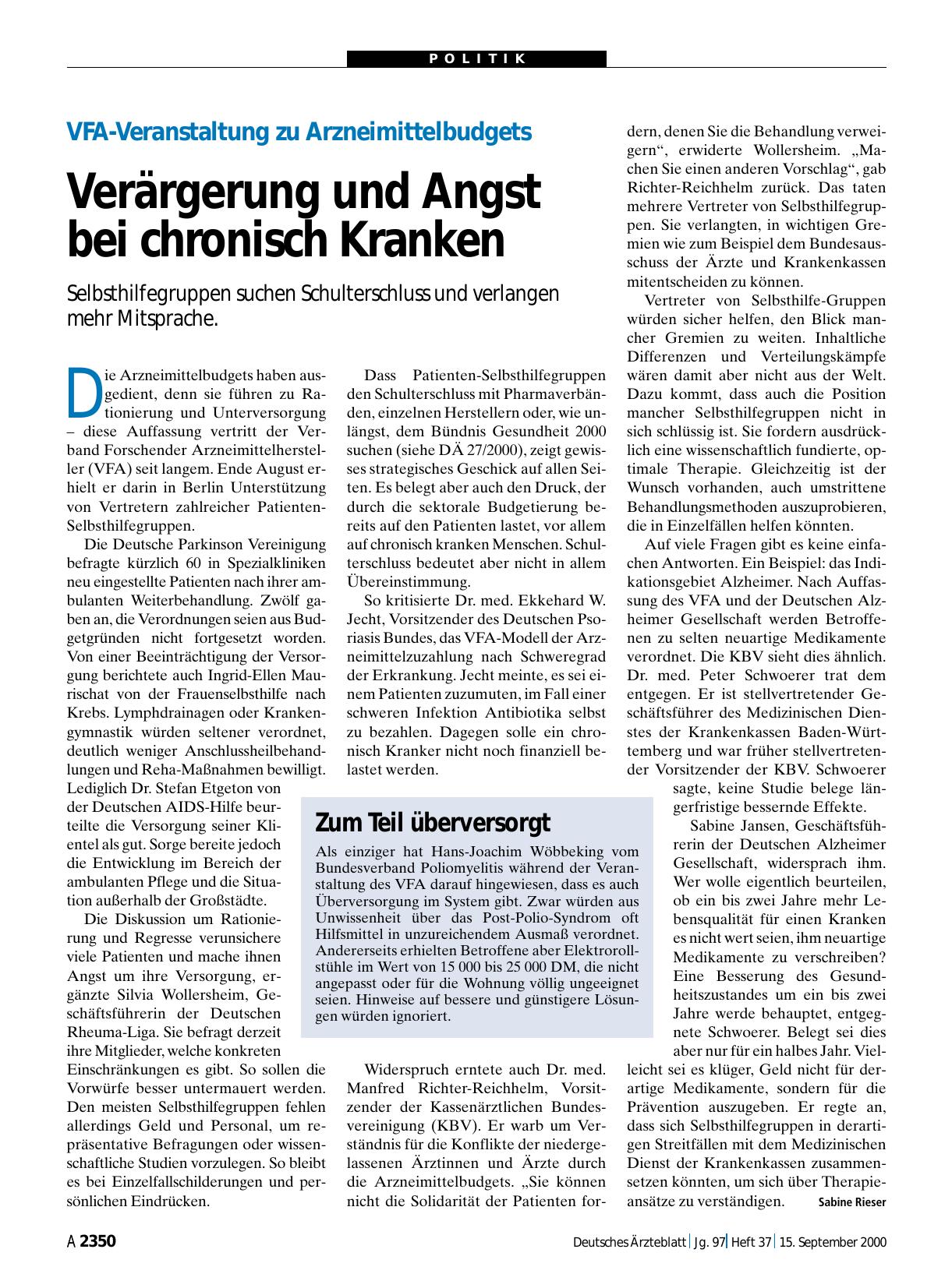 Vorschauseite 1: VFA-Veranstaltung zu Arzneimittelbudgets: Verärgerung und Angst bei chronisch Kranken