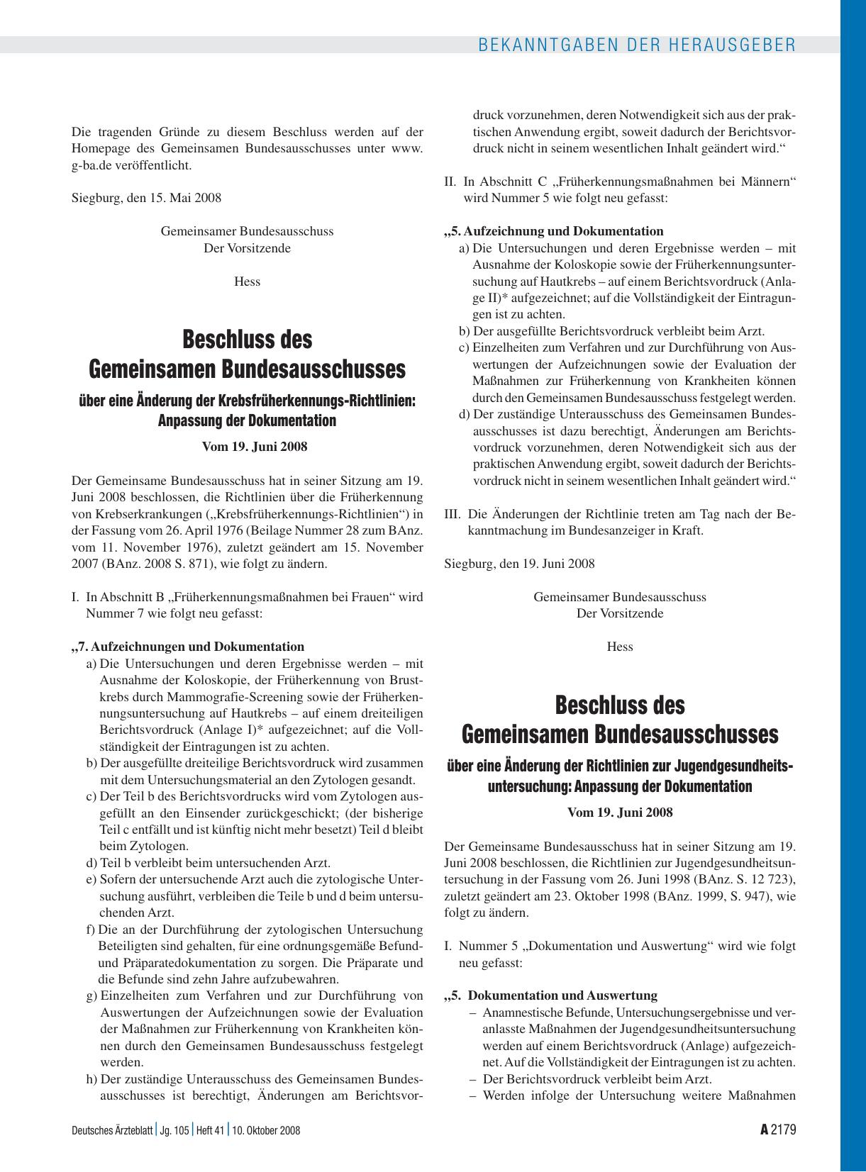 Vorschauseite 1: Beschluss des Gemeinsamen Bundesausschusses über eine Änderung der Richtlinien zur Jugendgesundheitsuntersuchung: Anpassung der Dokumentation