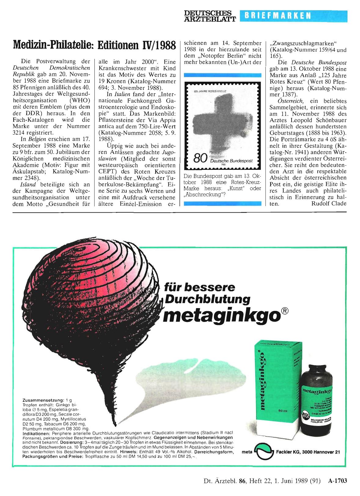Vorschauseite 1: Medizin-Philatelie: Editionen IV/1988