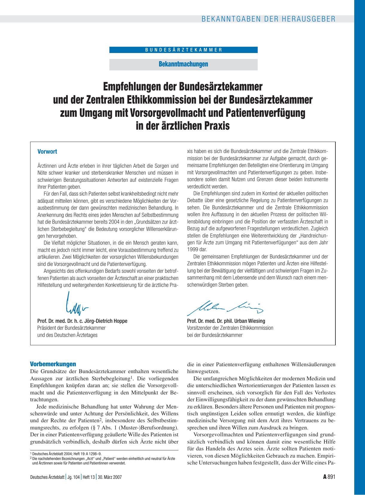 Vorschauseite 1: Bekanntmachungen: Empfehlungen der Bundesärztekammer und der Zentralen Ethikkommission bei der Bundesärztekammer zum Umgang mit Vorsorgevollmacht und Patientenverfügung in der ärz…