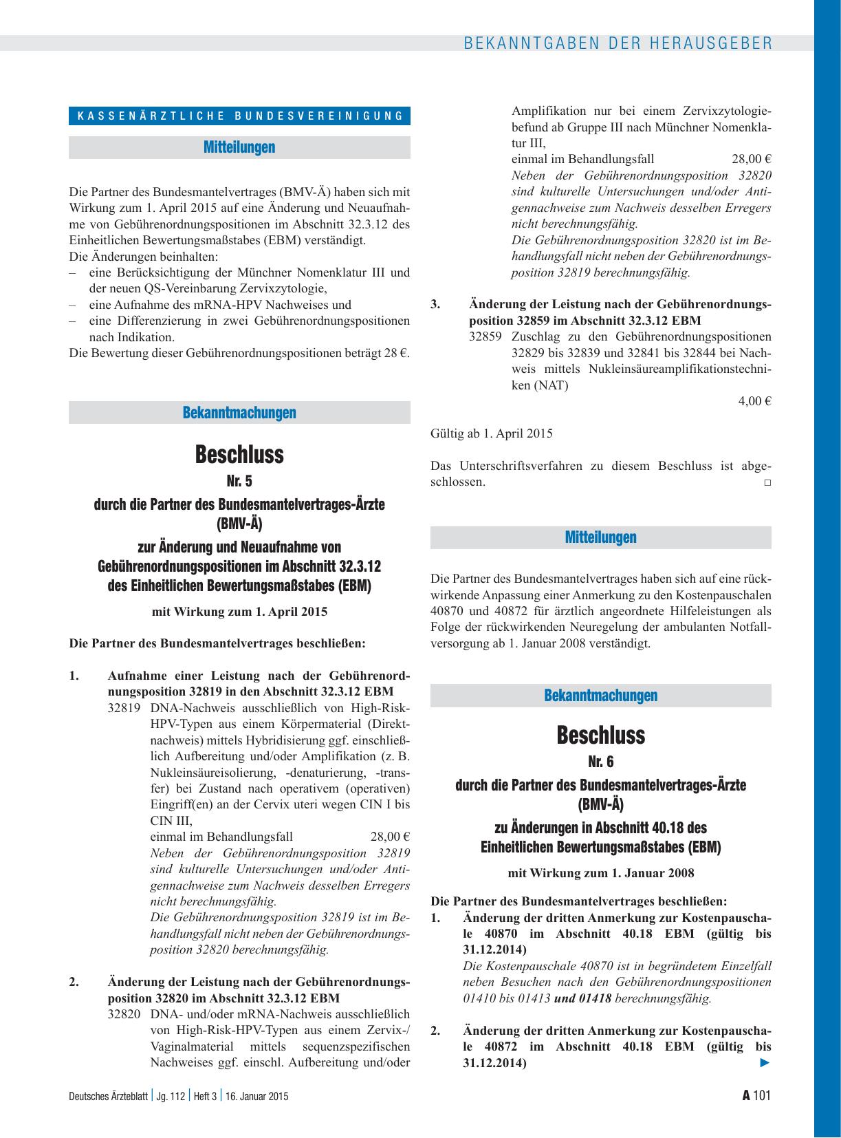 Vorschauseite 1: Beschluss Nr. 6 durch die Partner des Bundesmantelvertrages-Ärzte (BMV-Ä) zu Änderungen in Abschnitt 40. 18 des Einheitlichen Bewertungsmaßstabes (EBM)