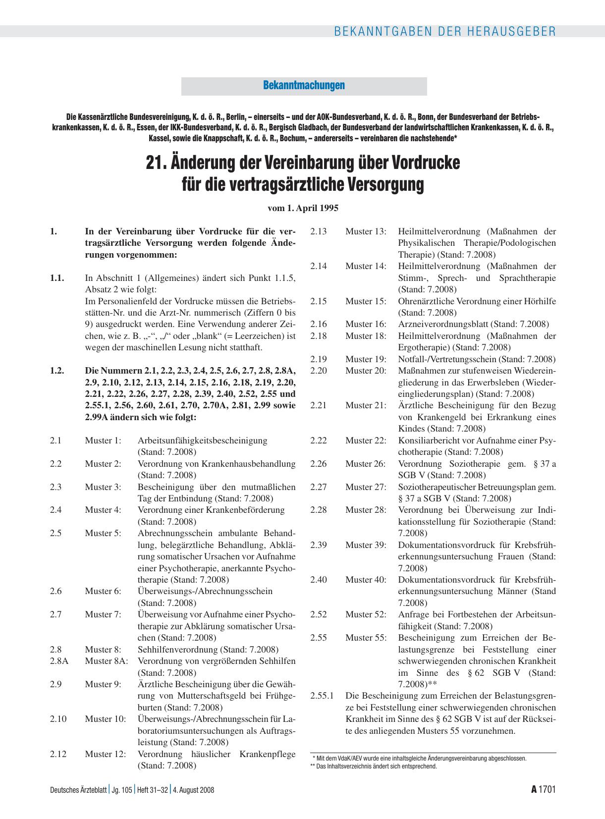 Vorschauseite 1: 21. Änderung der Vereinbarung über Vordrucke für die vertragsärztliche Versorgung vom 1. April 1995