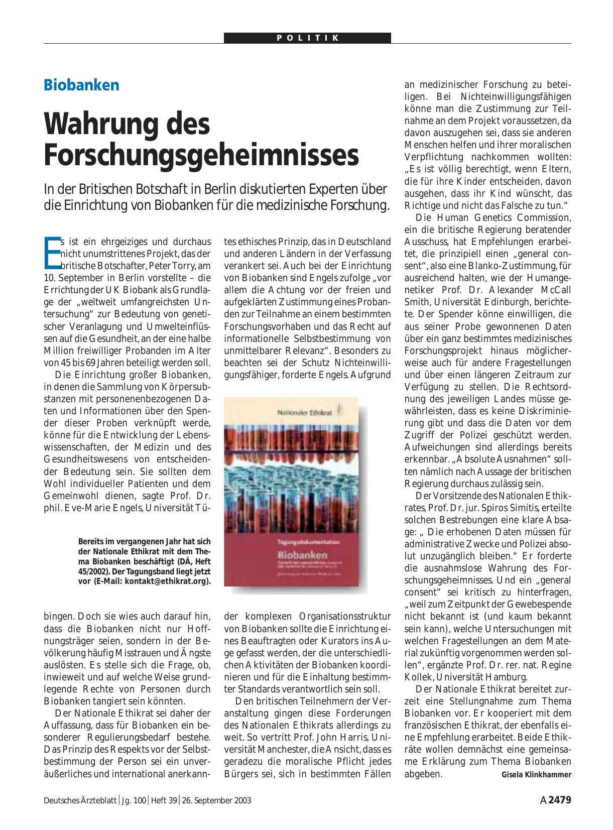 Vorschauseite 1: Biobanken: Wahrung des Forschungsgeheimnisses