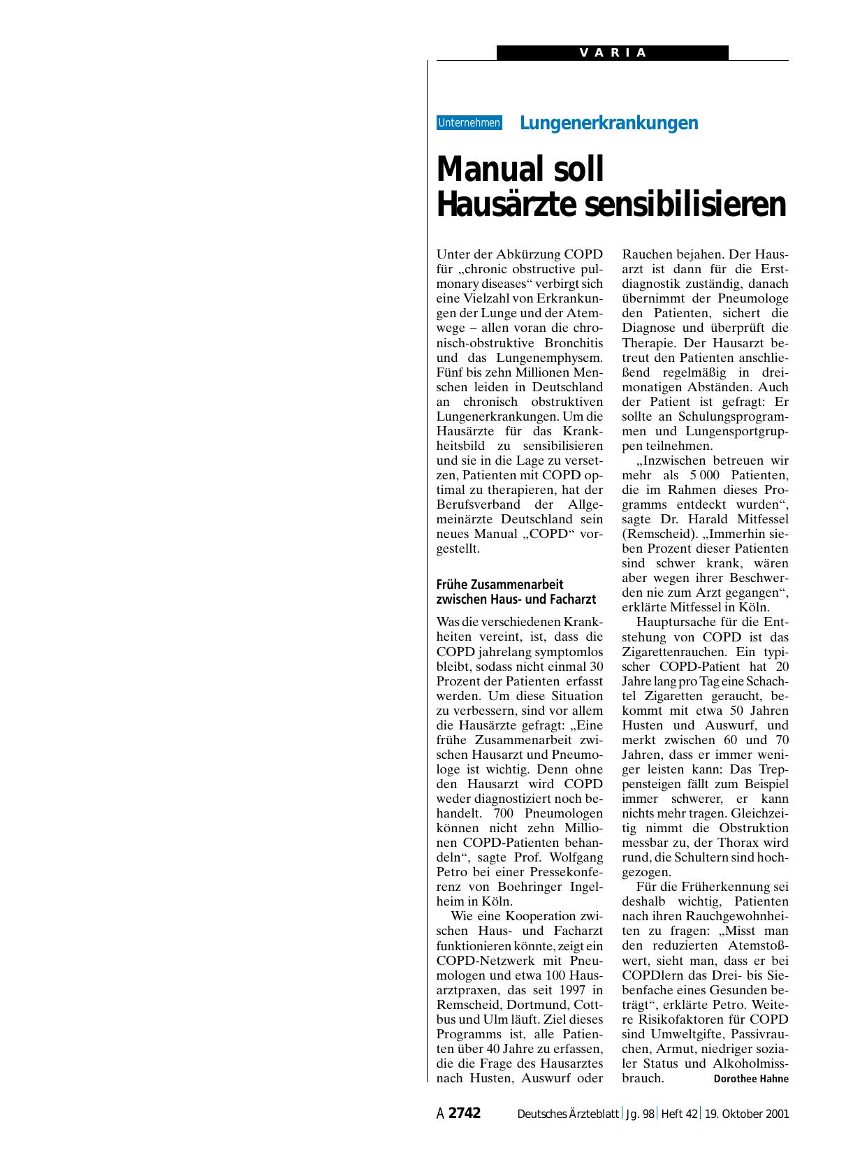 Vorschauseite 1: Lungenerkrankungen: Manual soll Hausärzte sensibilisieren