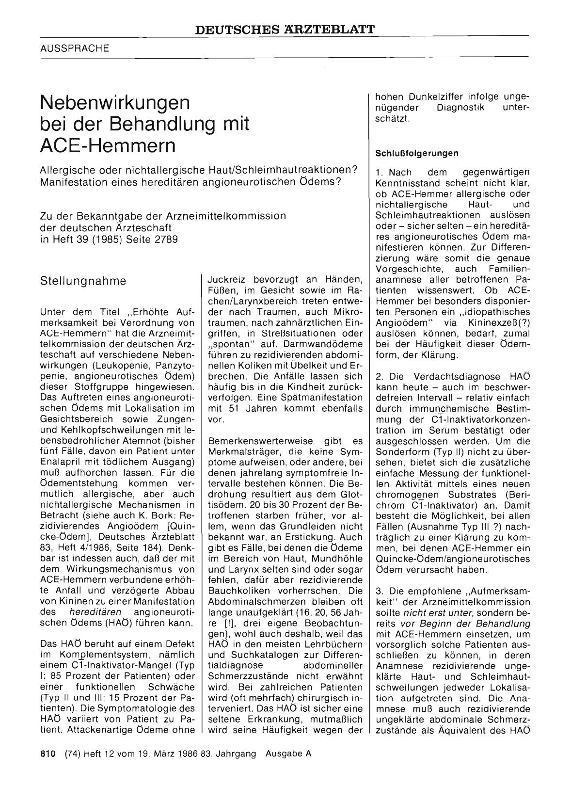 Vorschauseite 1: Nebenwirkungen bei der Behandlung mit ACE-Hemmern: Stellungnahme