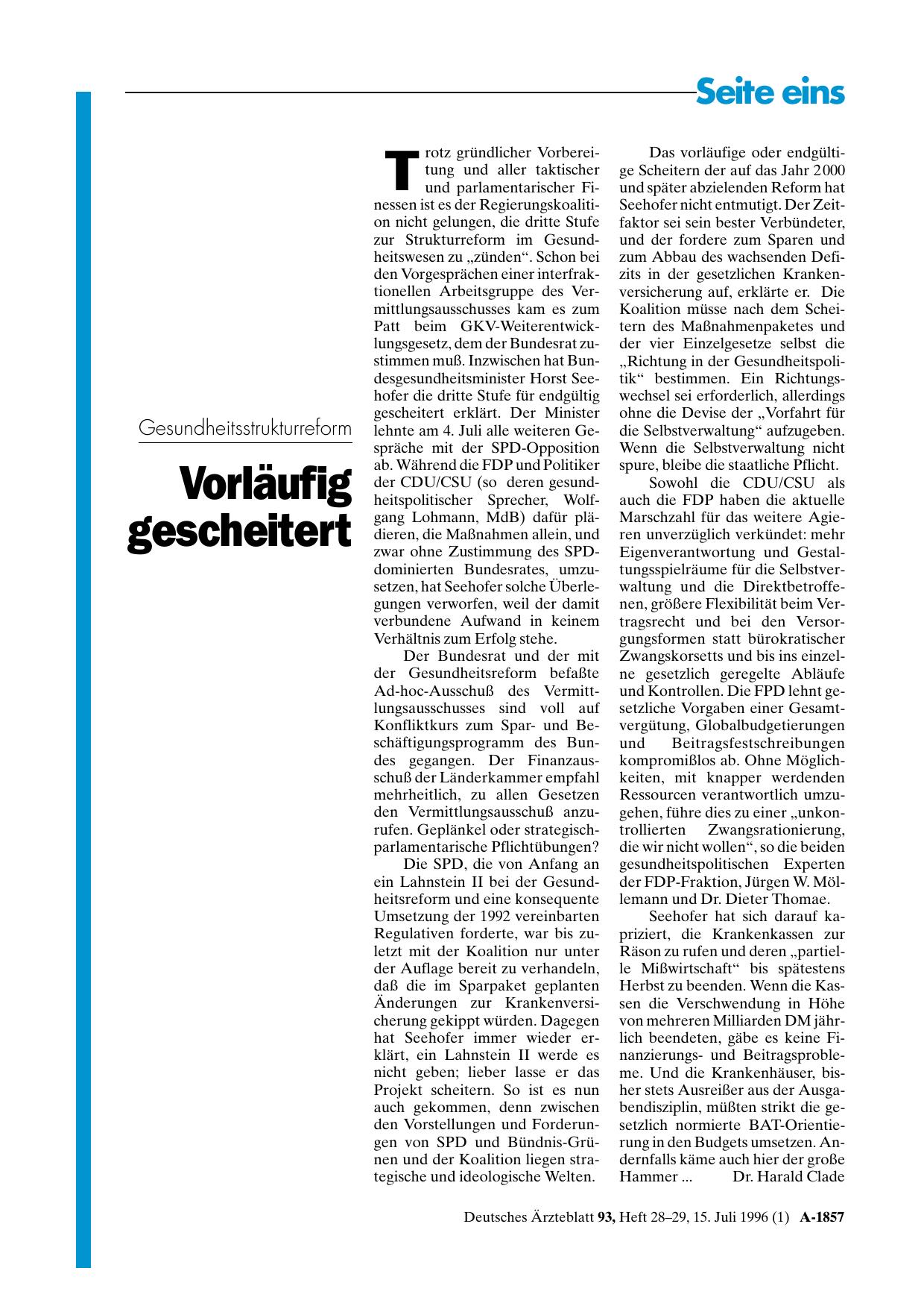 Vorschauseite 1: Gesundheitsstrukturreform: Vorläufig gescheitert