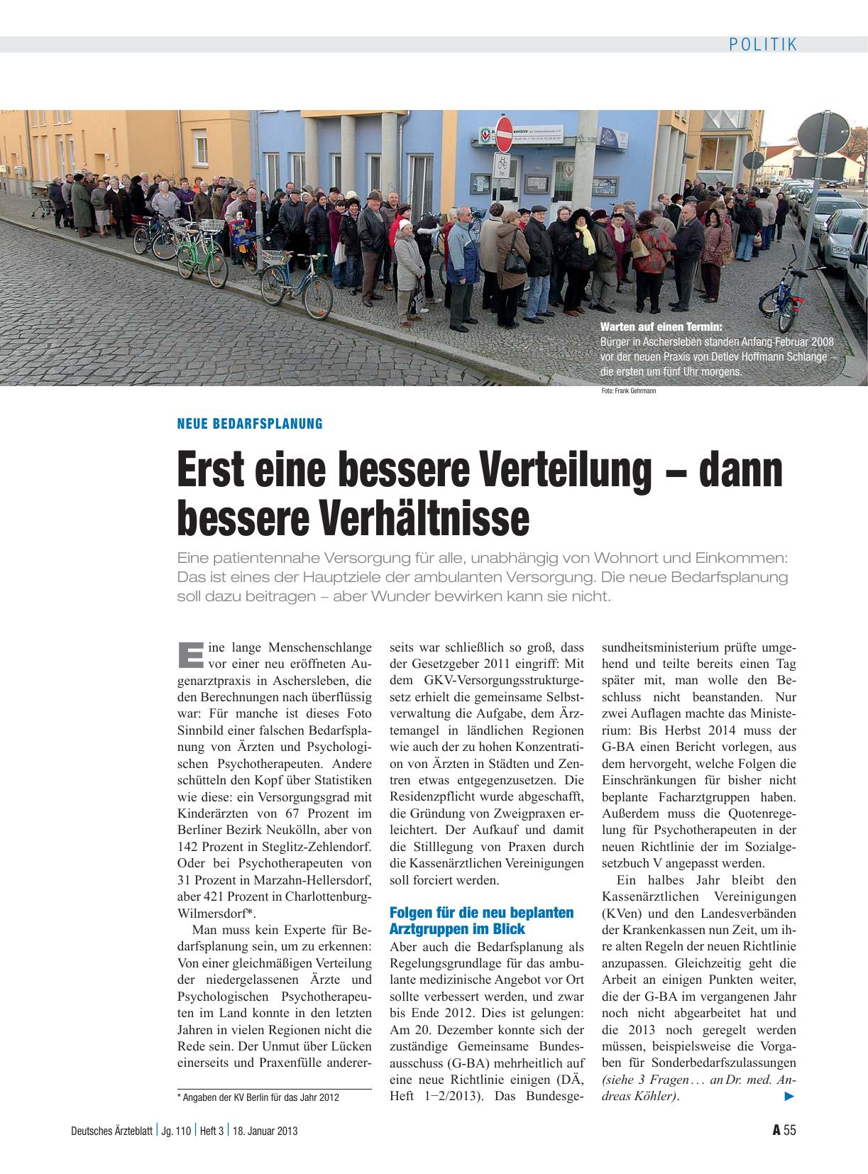 Vorschauseite 1: Neue Bedarfsplanung: Erst eine bessere Verteilung - dann bessere Verhältnisse