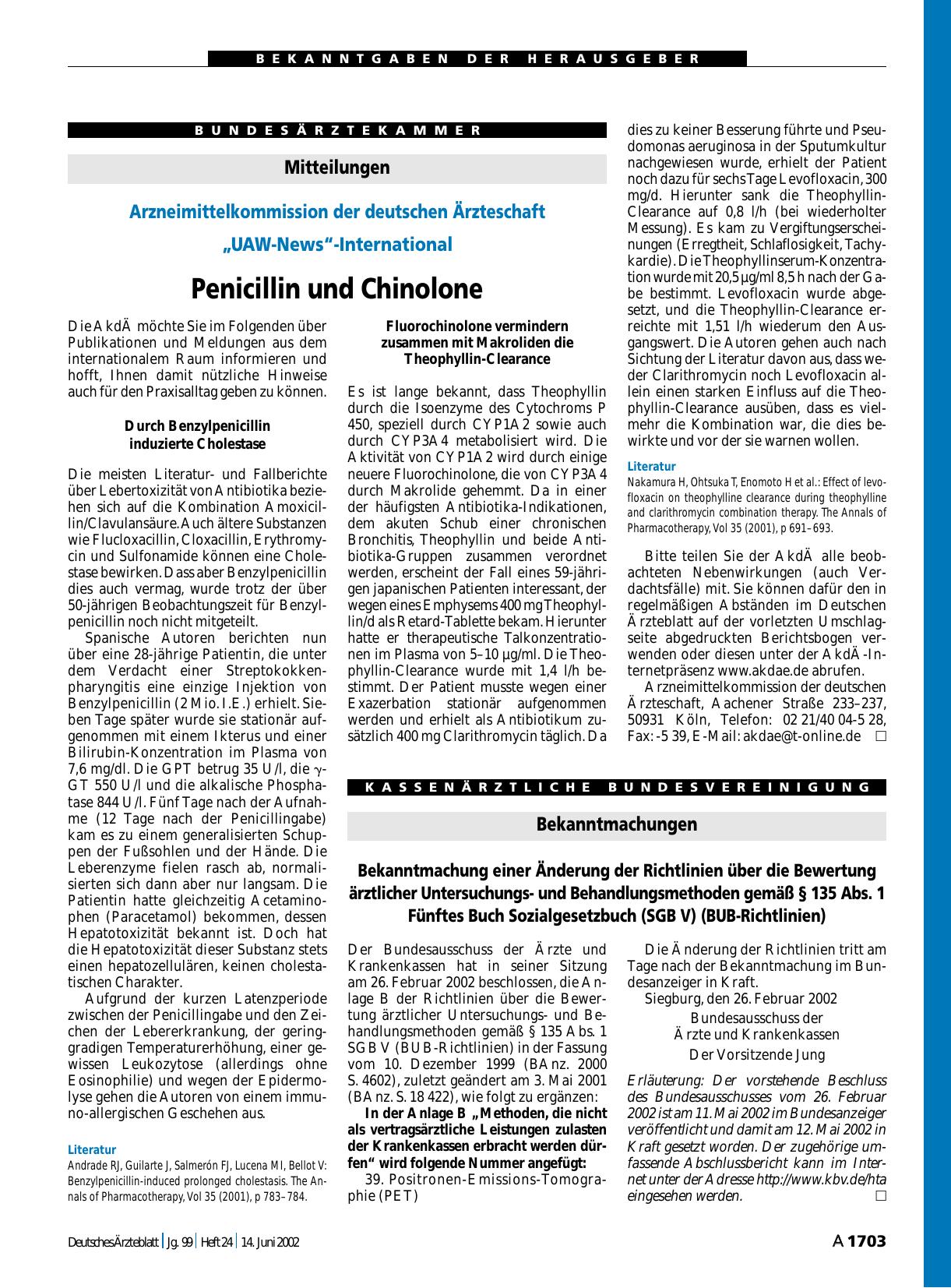 Vorschauseite 1: Mitteilungen: Penicillin und Chinolone