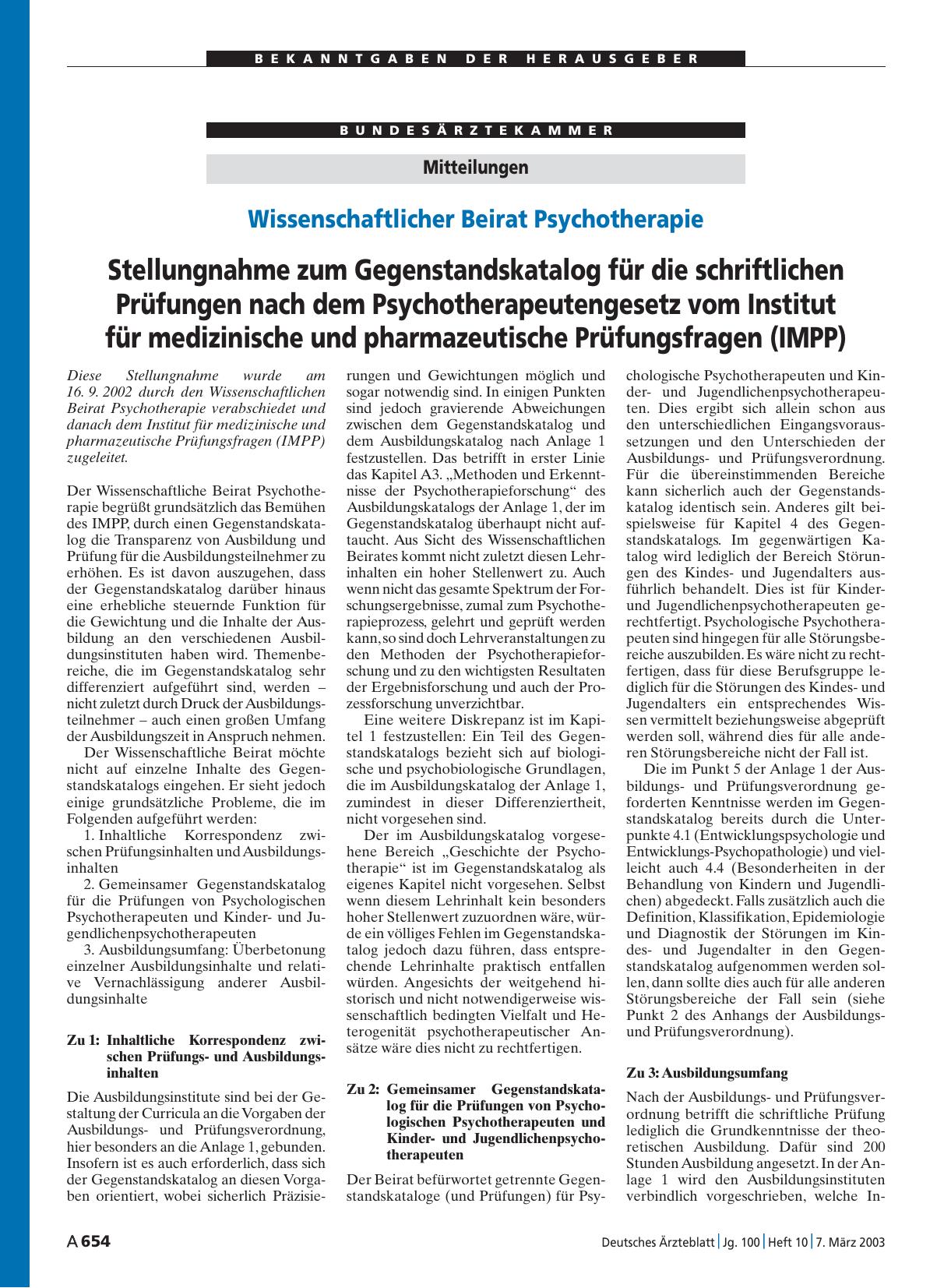 Vorschauseite 1: Mitteilungen: Stellungnahme zum Gegenstandskatalog für die schriftlichen Prüfungen nach dem Psychotherapeutengesetz vom Institut für medizinische und pharmazeutische Prüfungsfrage…