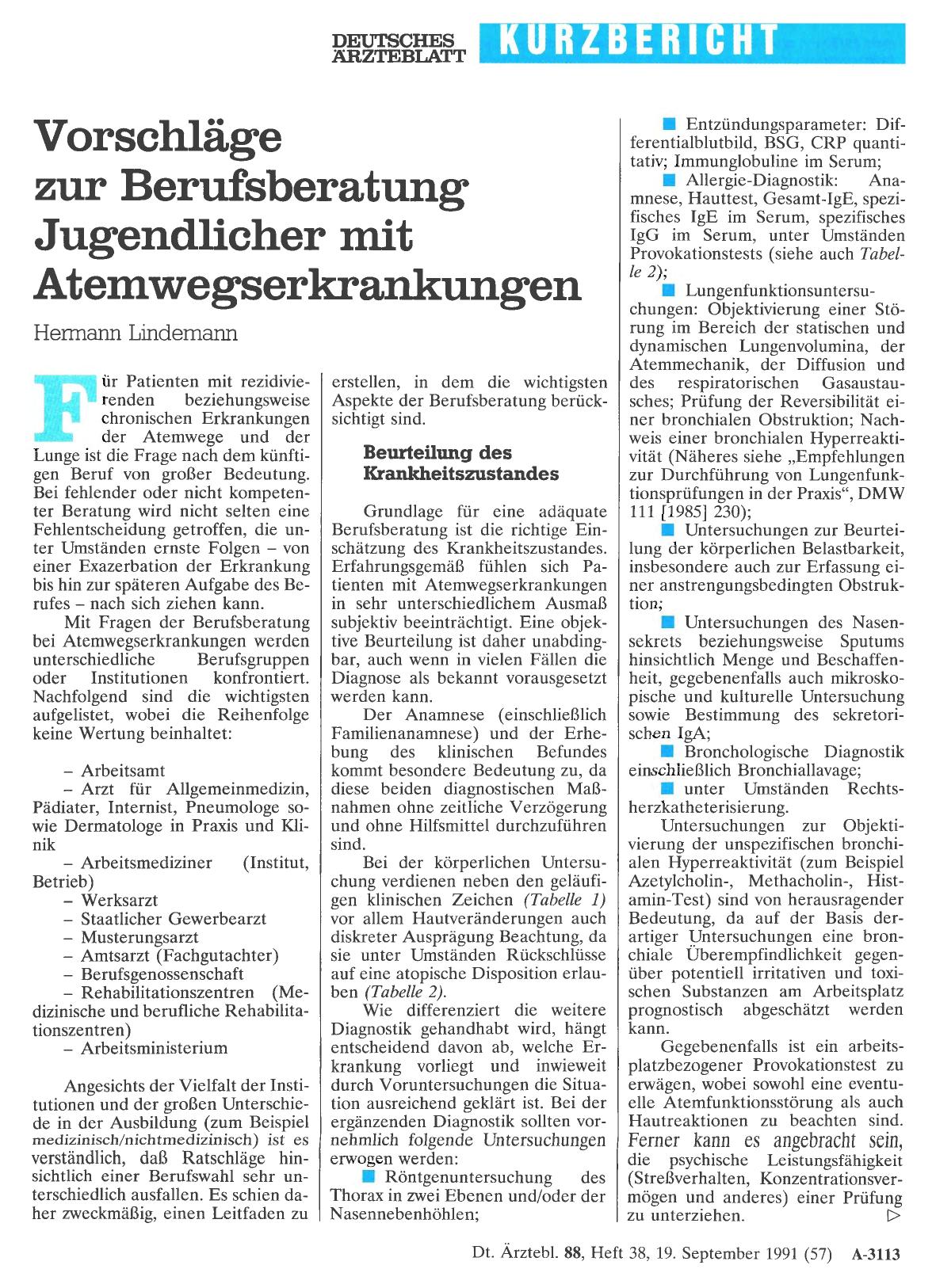 Vorschauseite 1: Vorschläge zur Berufsberatung Jugendlicher mit Atemwegserkrankungen