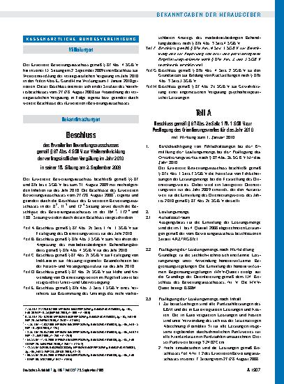 Vorschauseite 1: Beschluss des Erweiterten Bewertungsausschusses gemäß § 87 Abs. 4 SGB V zur Weiterentwicklung der vertragsärztlichen Vergütung im Jahr 2010 in seiner 15. Sitzung am 2. September 2…