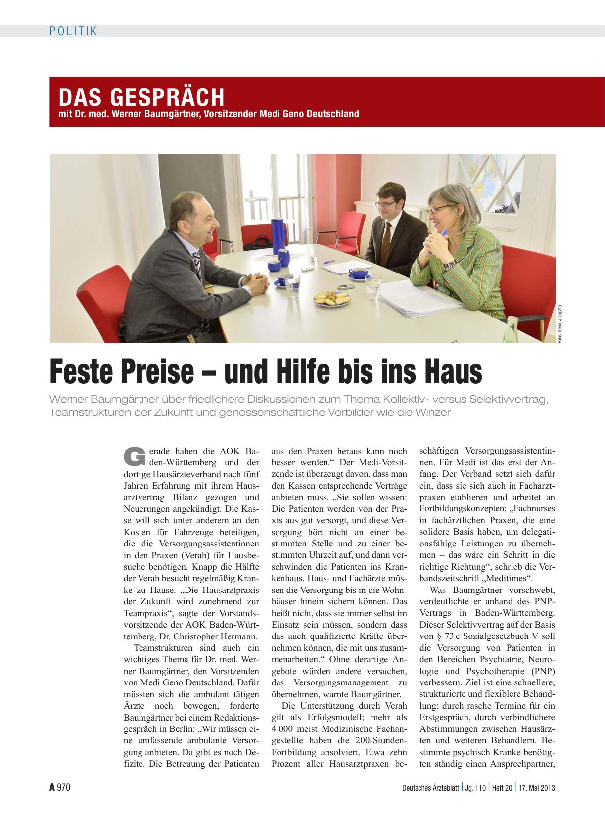 Vorschauseite 1: Das Gespräch mit Dr. med. Werner Baumgärtner, Vorsitzender Medi Geno Deutschland: Feste Preise – und Hilfe bis ins Haus
