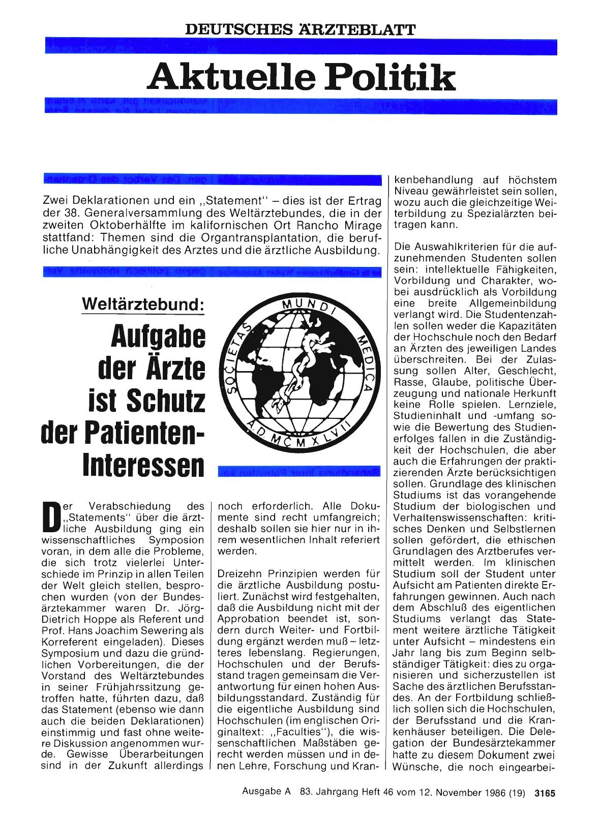 Vorschauseite 1: Weltärztebund: Aufgabe der Ärzte ist Schutz der Patienten-Interessen
