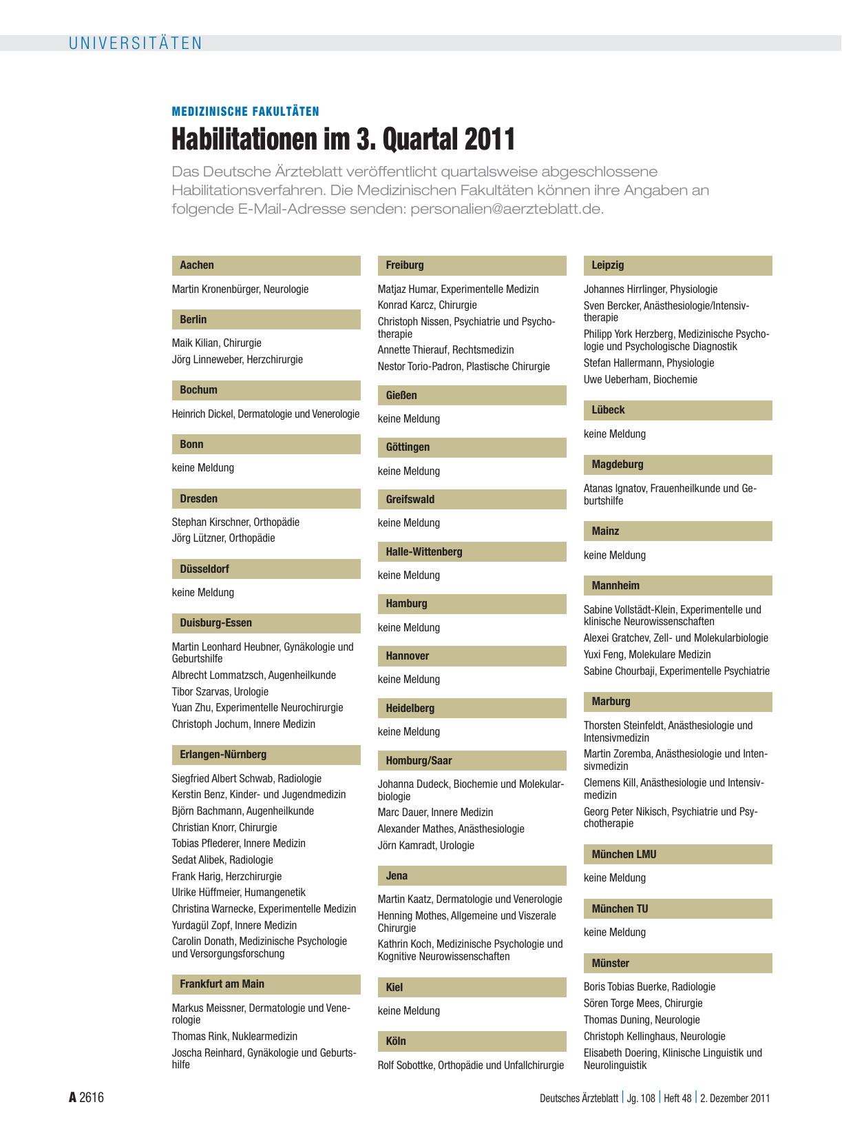 Vorschauseite 1: Medizinische Fakultäten: Habilitationen im 3. Quartal 2011