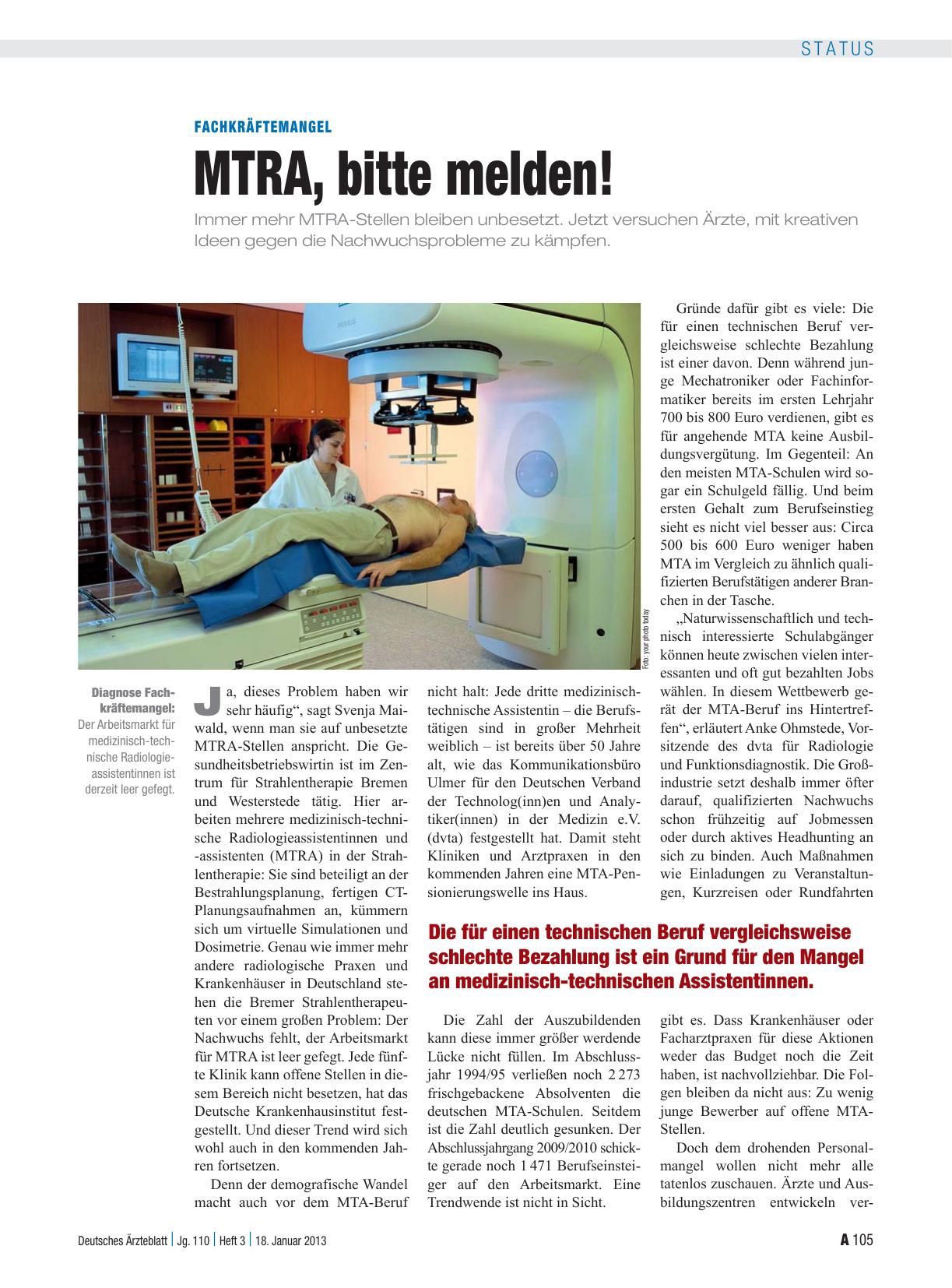 Vorschauseite 1: Fachkräftemangel: MTRA, bitte melden!