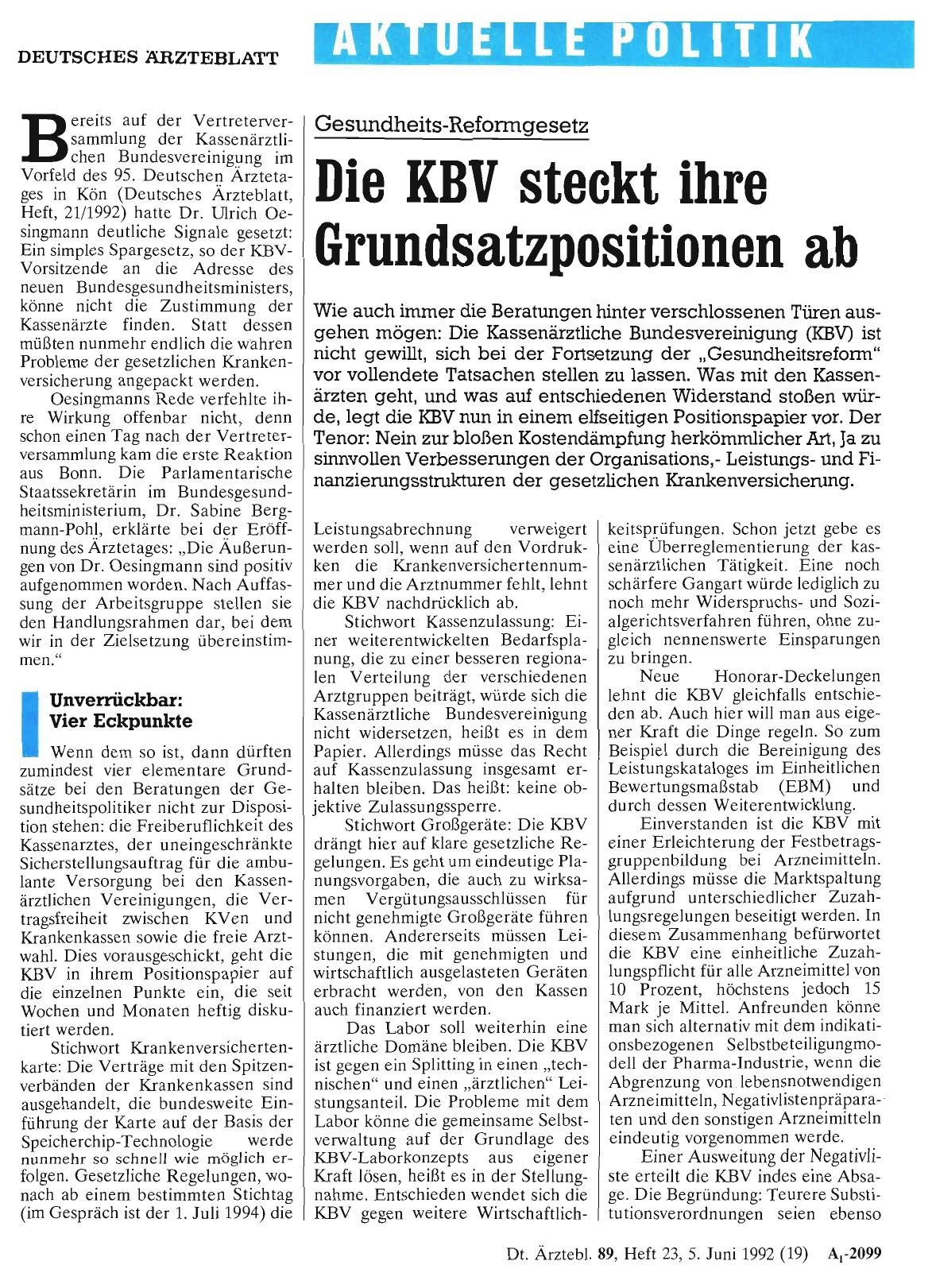 Vorschauseite 1: Gesundheits-Reformgesetz: Die KBV steckt ihre Grundsatzpositionen ab