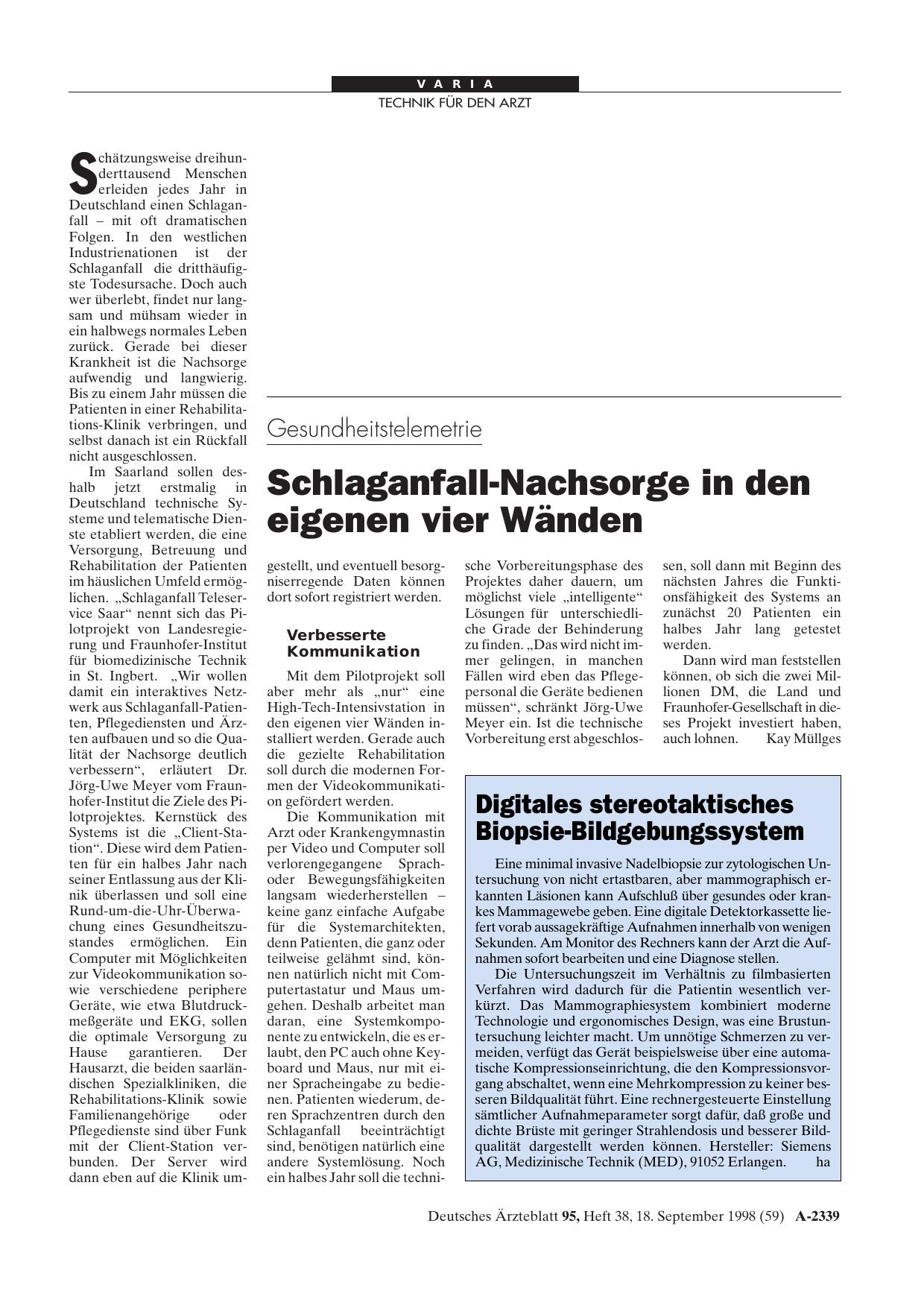 Vorschauseite 1: Gesundheitstelemetrie: Schlaganfall-Nachsorge in den eigenen vier Wänden
