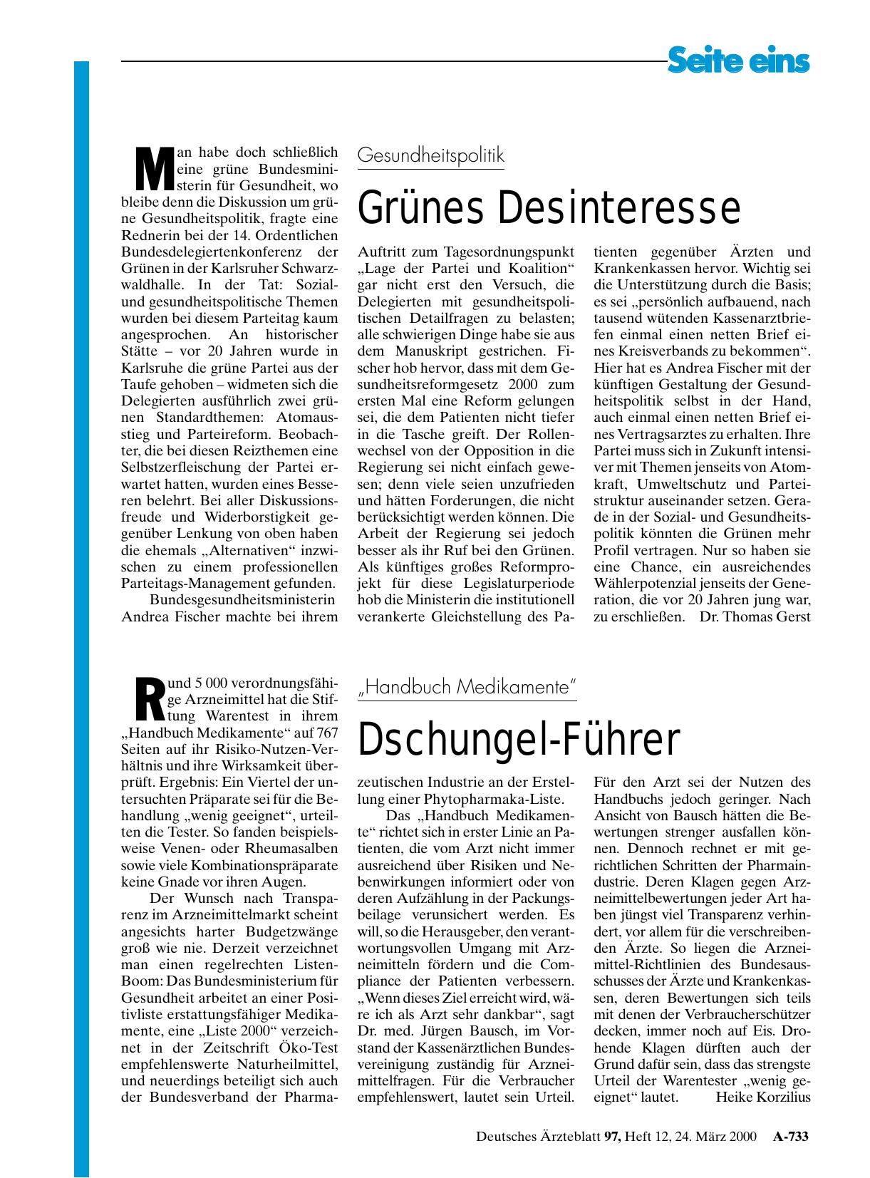 Vorschauseite 1: Gesundheitspolitik: Grünes Desinteresse
