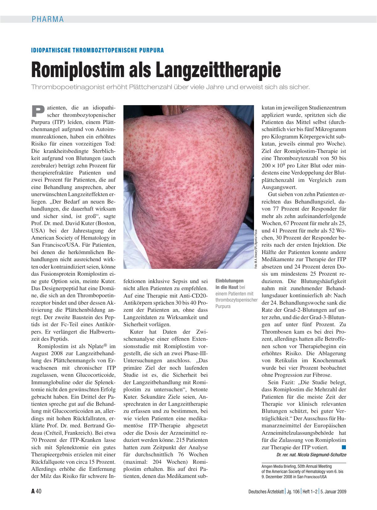 Vorschauseite 1: Idiopathische Thrombozytopenische Purpura: Romiplostim als Langzeittherapie