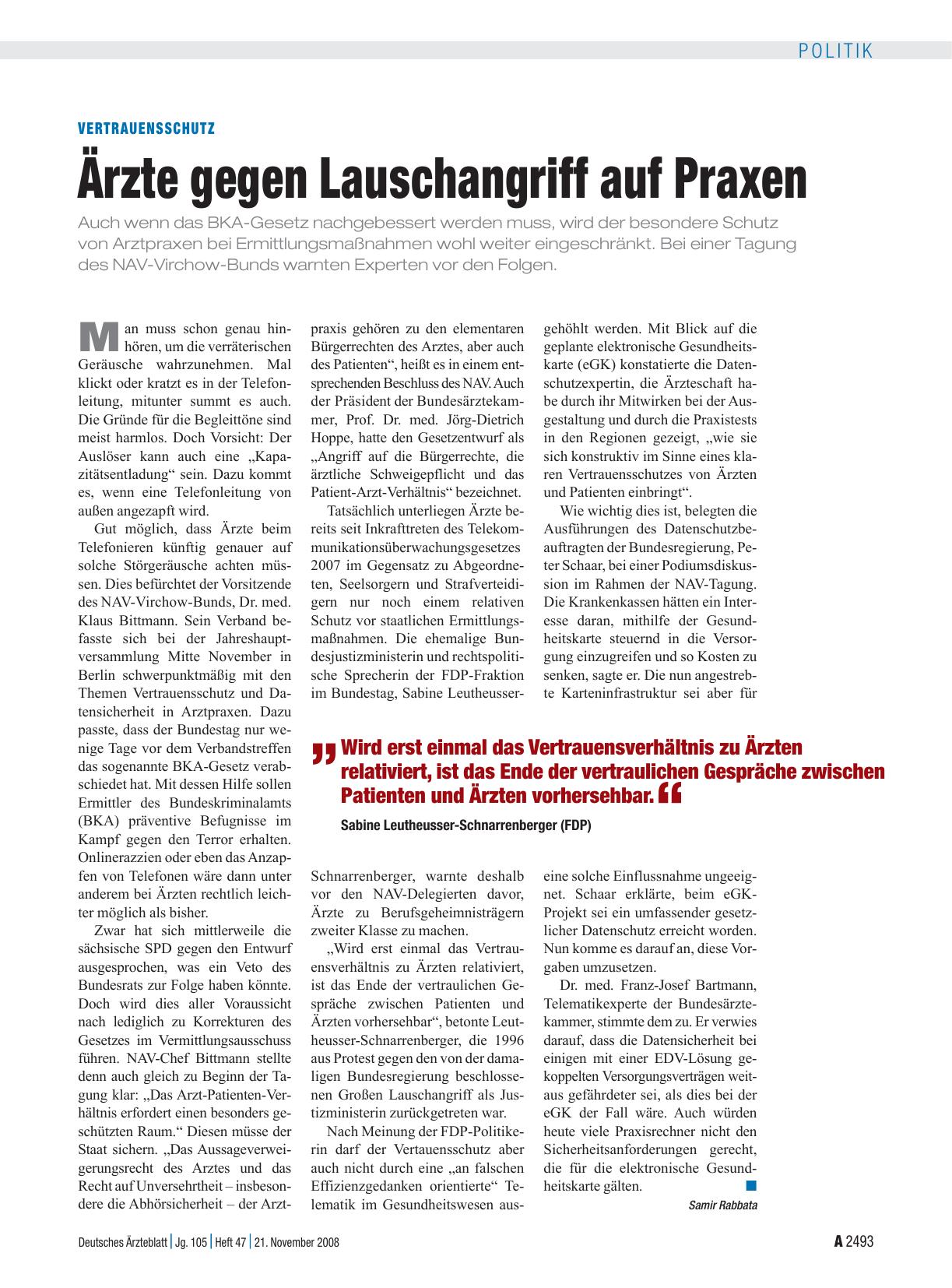 Vorschauseite 1: Vertrauensschutz: Ärzte gegen Lauschangriff auf Praxen