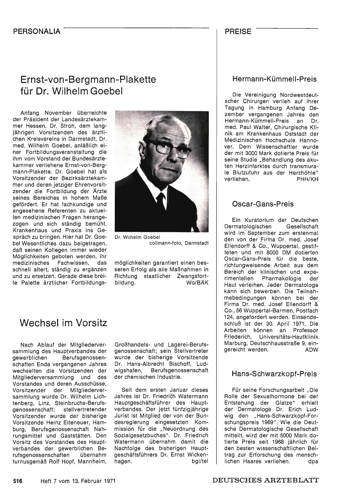 Vorschauseite 1: Ernst-von-Bergmann-Plakette für Dr. Wilhelm Goebel