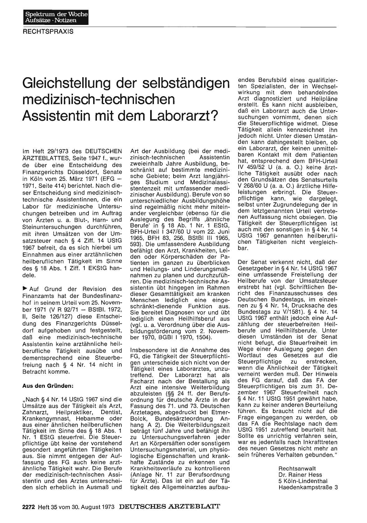 Vorschauseite 1: Gleichstellung der selbständigen medizinisch-technischen Assistentin mit dem Laborarzt?