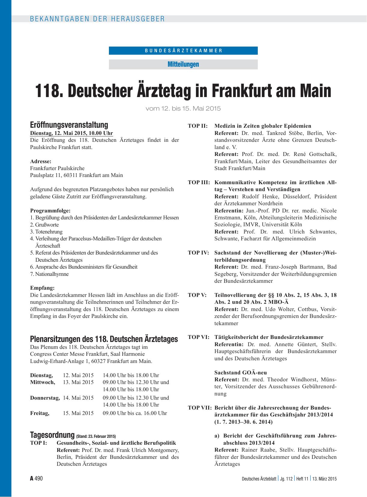 Vorschauseite 1: 118. Deutscher Ärztetag in Frankfurt am Main