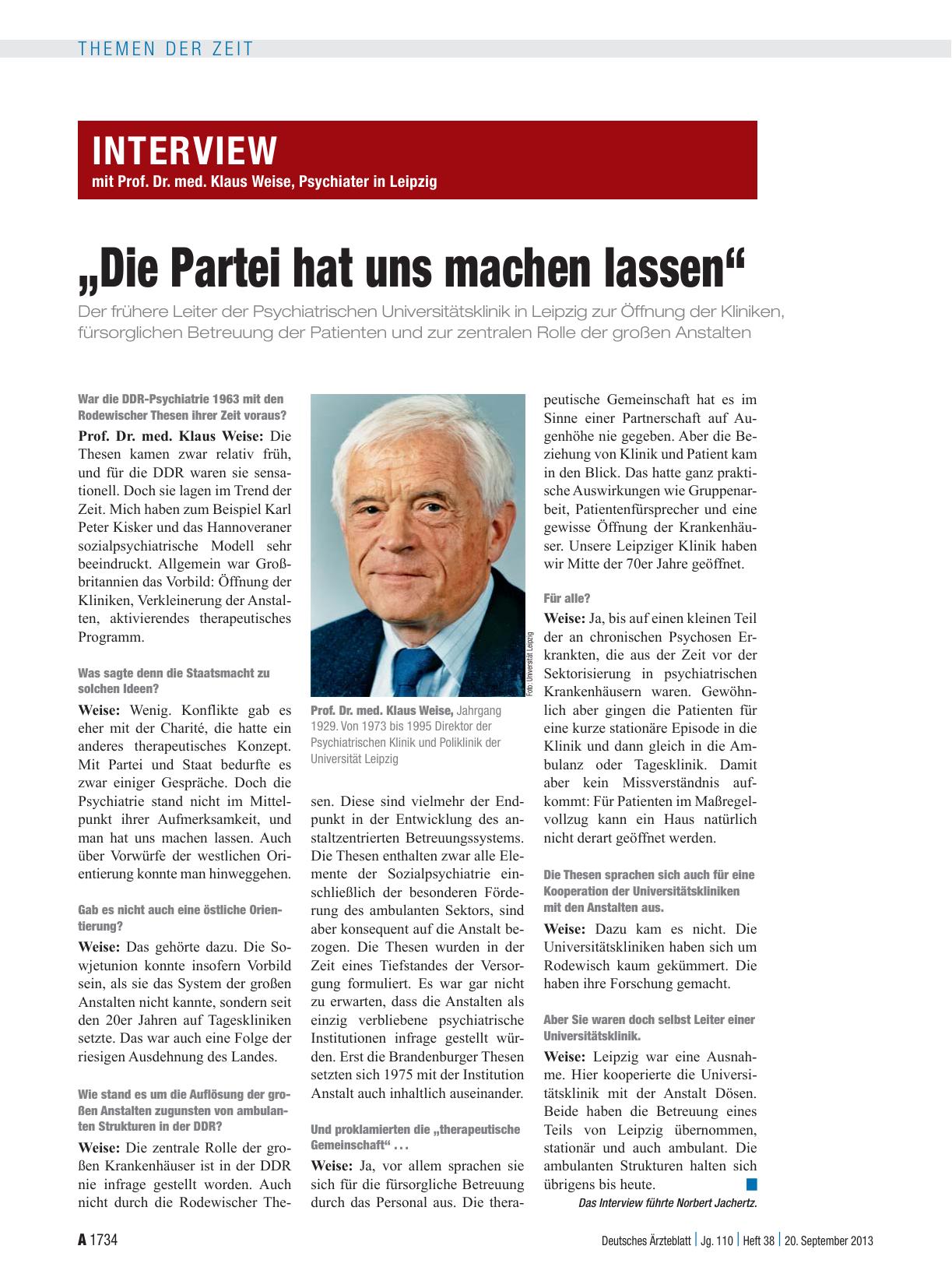 Vorschauseite 1: Interview mit Prof. Dr. med. Klaus Weise, Psychiater in Leipzig: „Die Partei hat uns machen lassen“