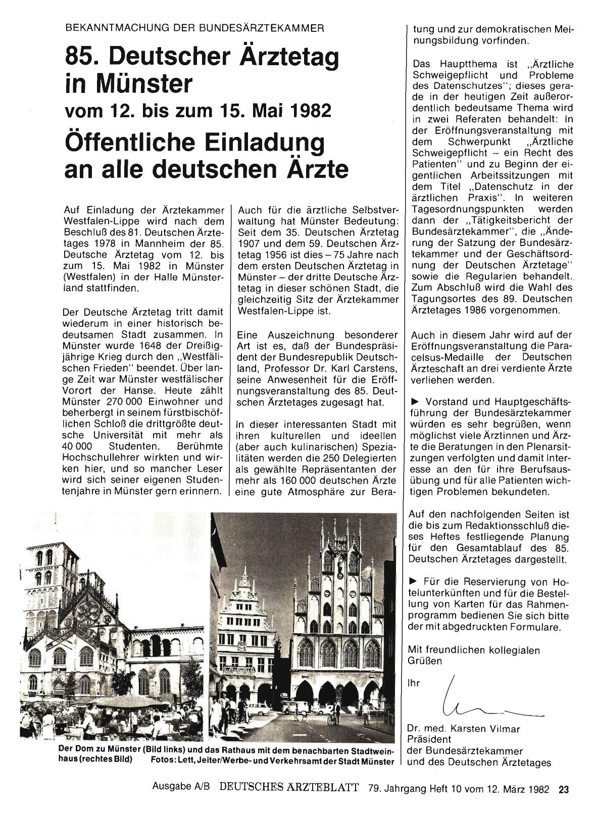 Vorschauseite 1: 85. Deutscher Ärztetag in Münster vom 12. bis zum 15. Mai 1982: Öffentliche Einladung an alle deutschen Arzte