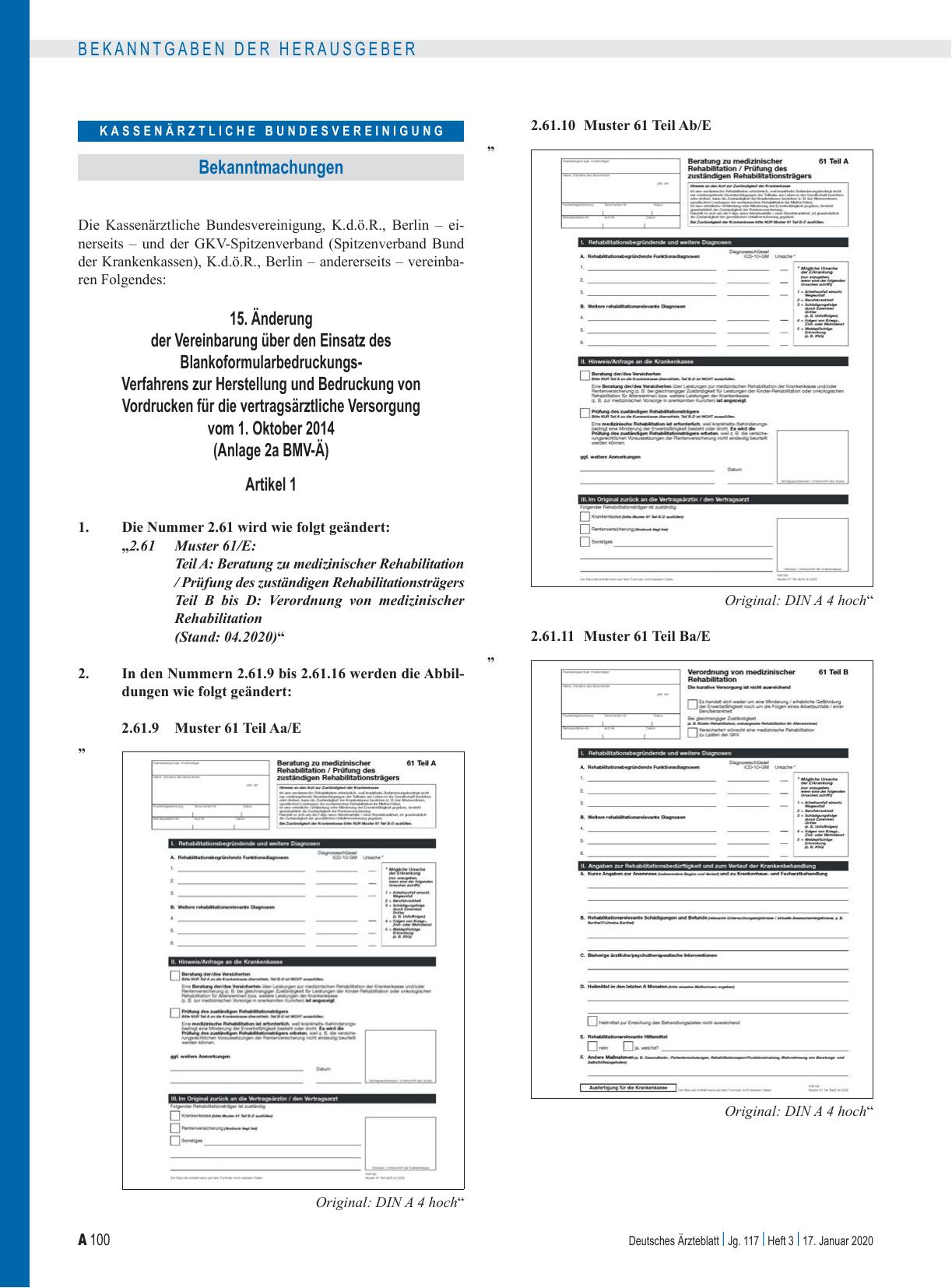 Vorschauseite 1: 15. Änderung der Vereinbarung über den Einsatz des Blankoformularbedruckungs-Verfahrens zur Herstellung und Bedruckung von Vordrucken für die vertragsärztliche Versorgung vom 1. O…
